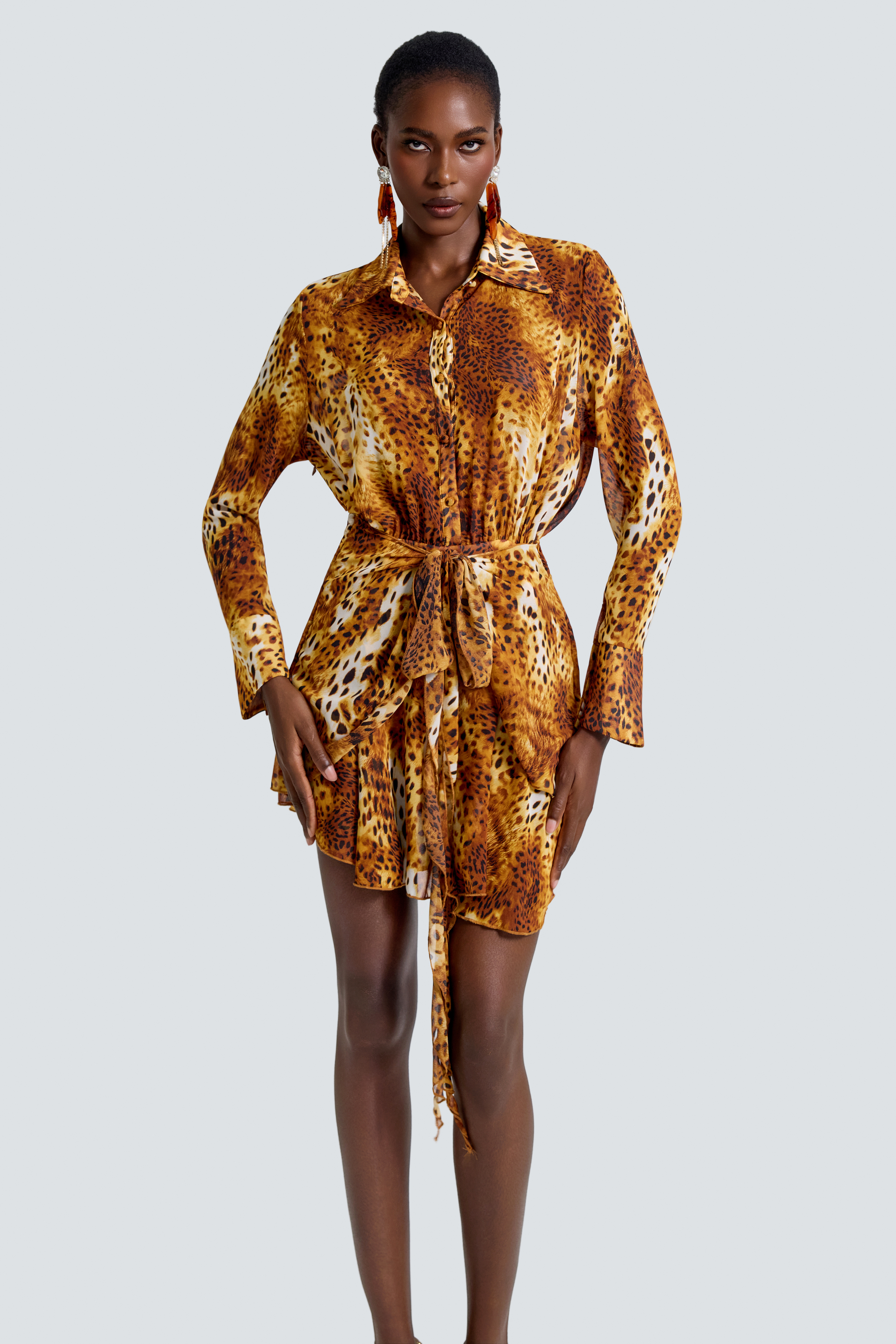 Leopard Print Single Breasted Tie-Up Mini Dress
