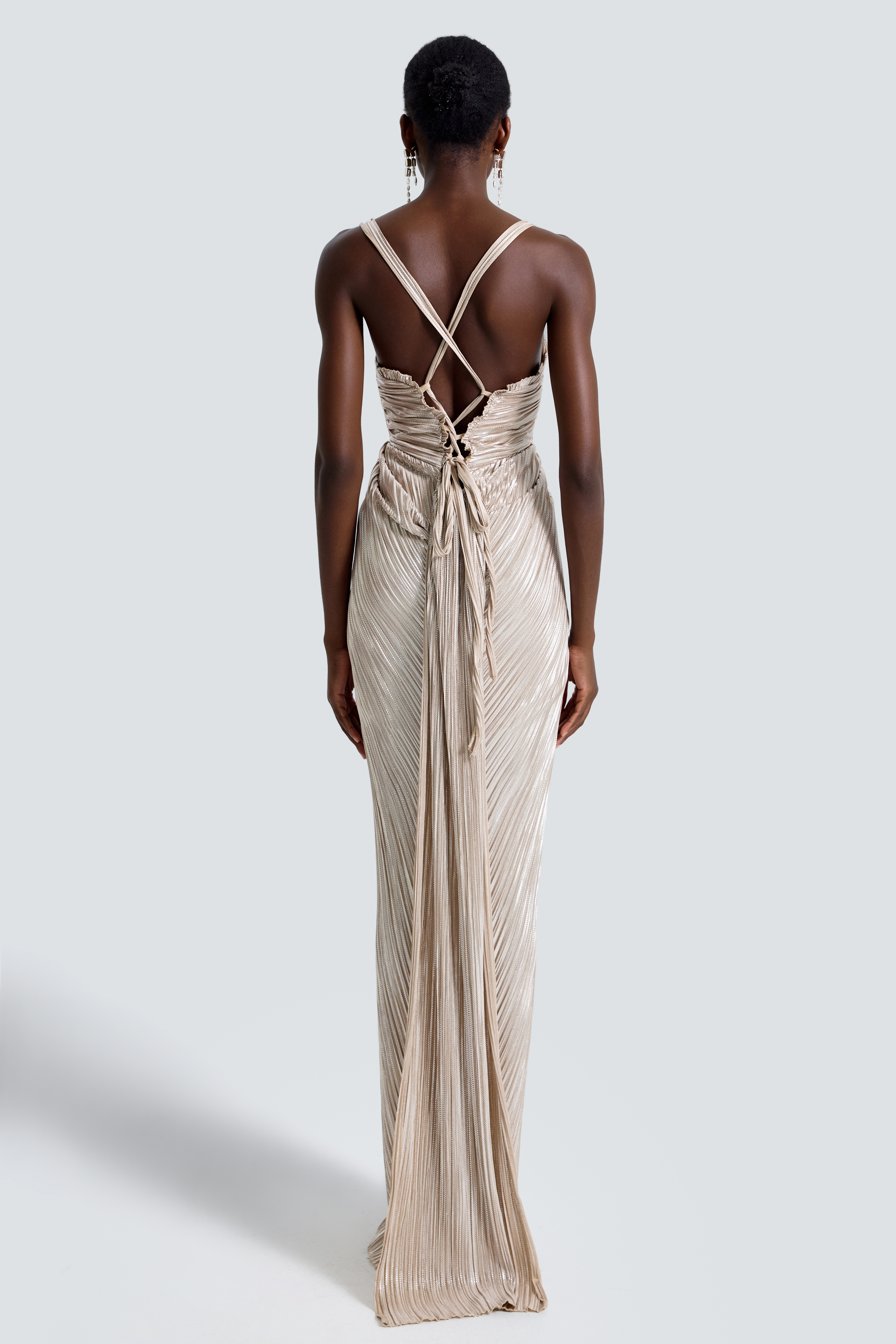 Vestido Maxi de Un Solo Botón con Fruncido y Estampado en Foil Plateado