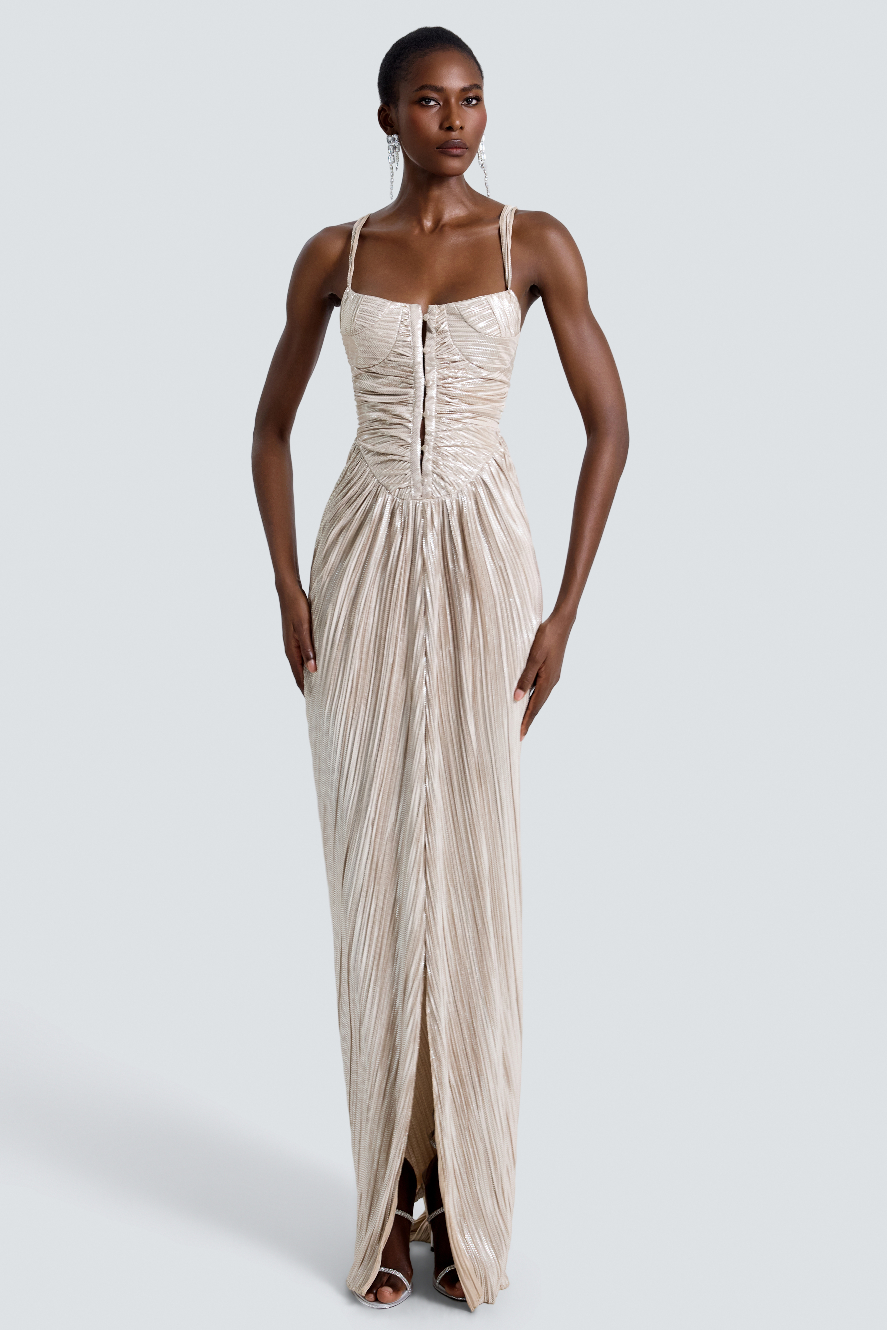 Vestido Maxi de Un Solo Botón con Fruncido y Estampado en Foil Plateado
