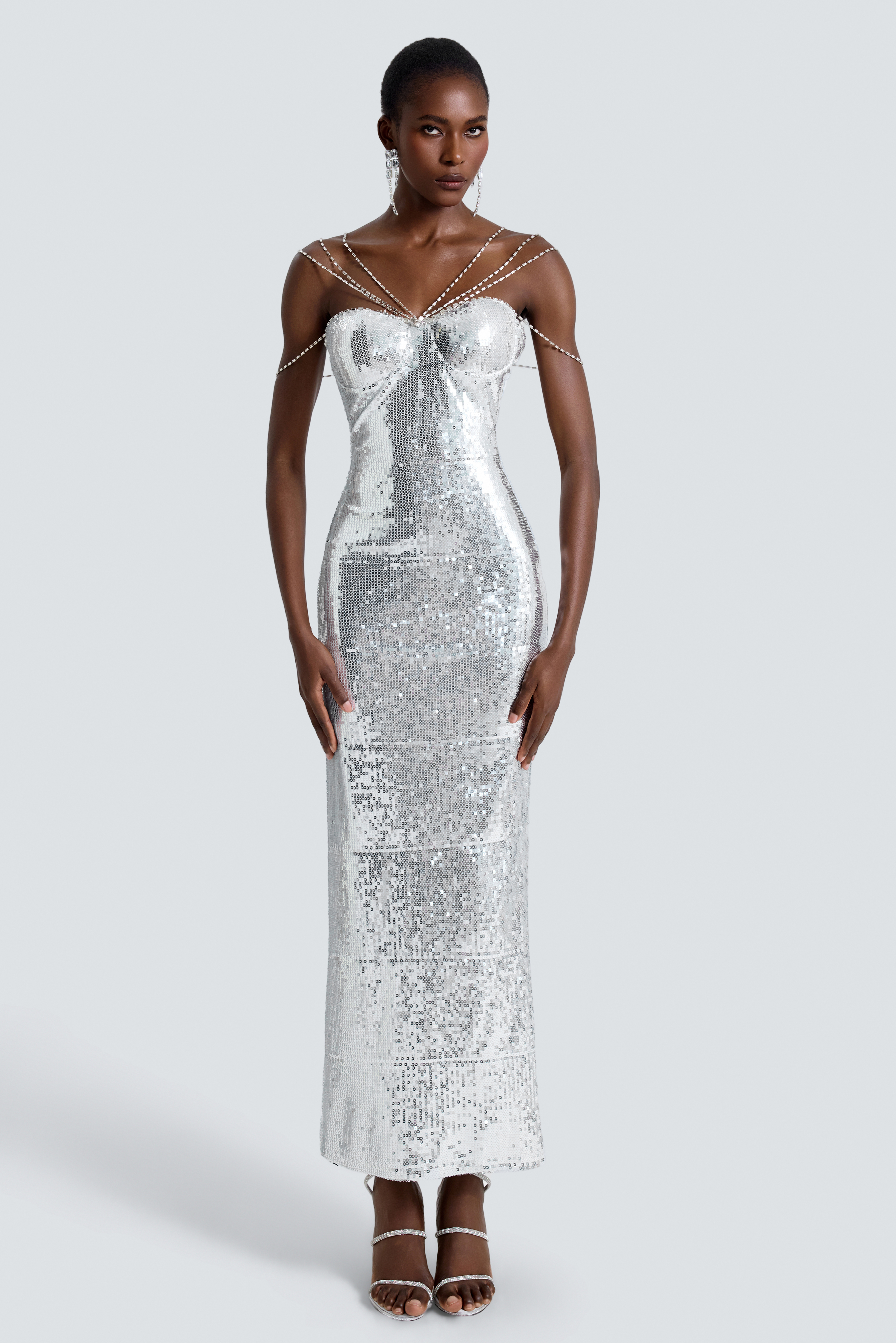 Sequin Rhinestone Slit Maxi Dress