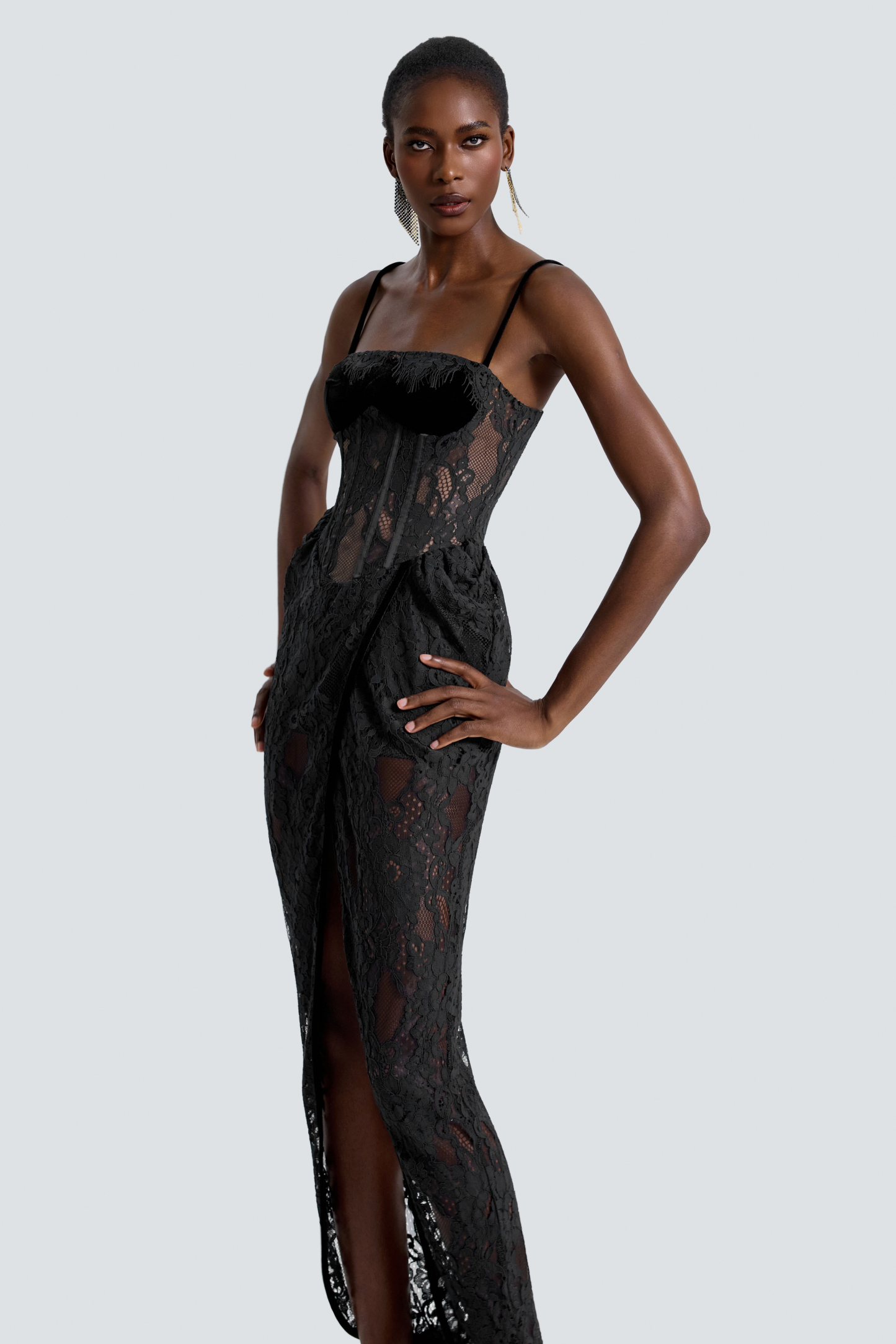 Lace See-Through Slit Maxi Dress – Violet Aurora