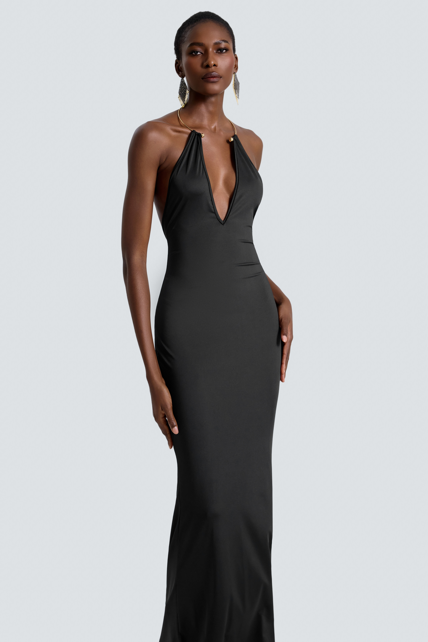 Jersey Metal Decorations Backless Maxi Dress