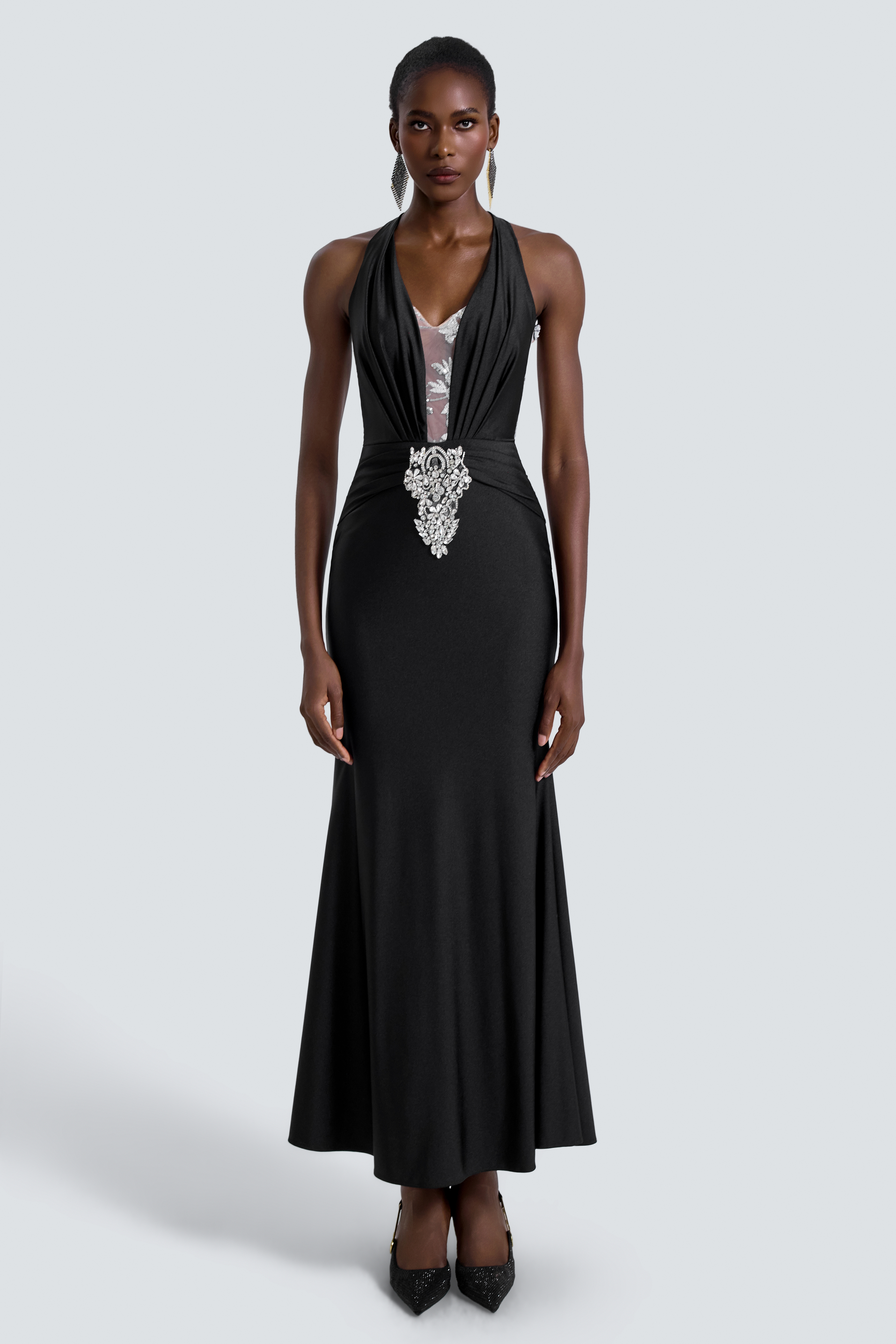 Sequin Rhinestone Halter Neck Maxi Dress