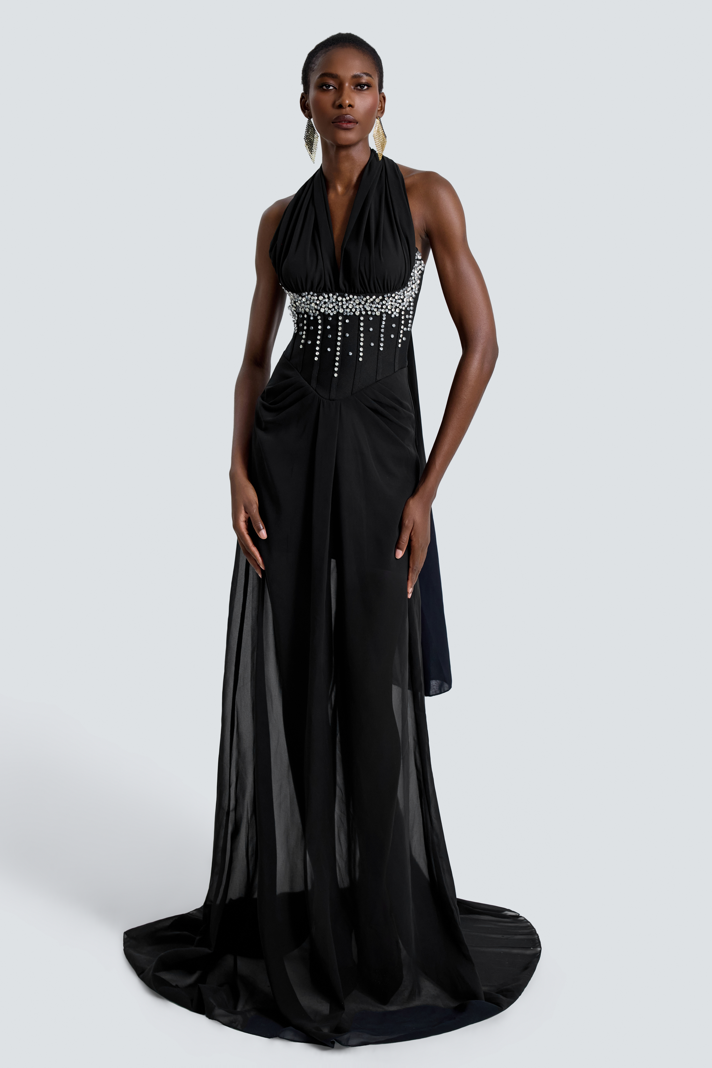 Bandage Splicing Chiffon Rivet Maxi Dress