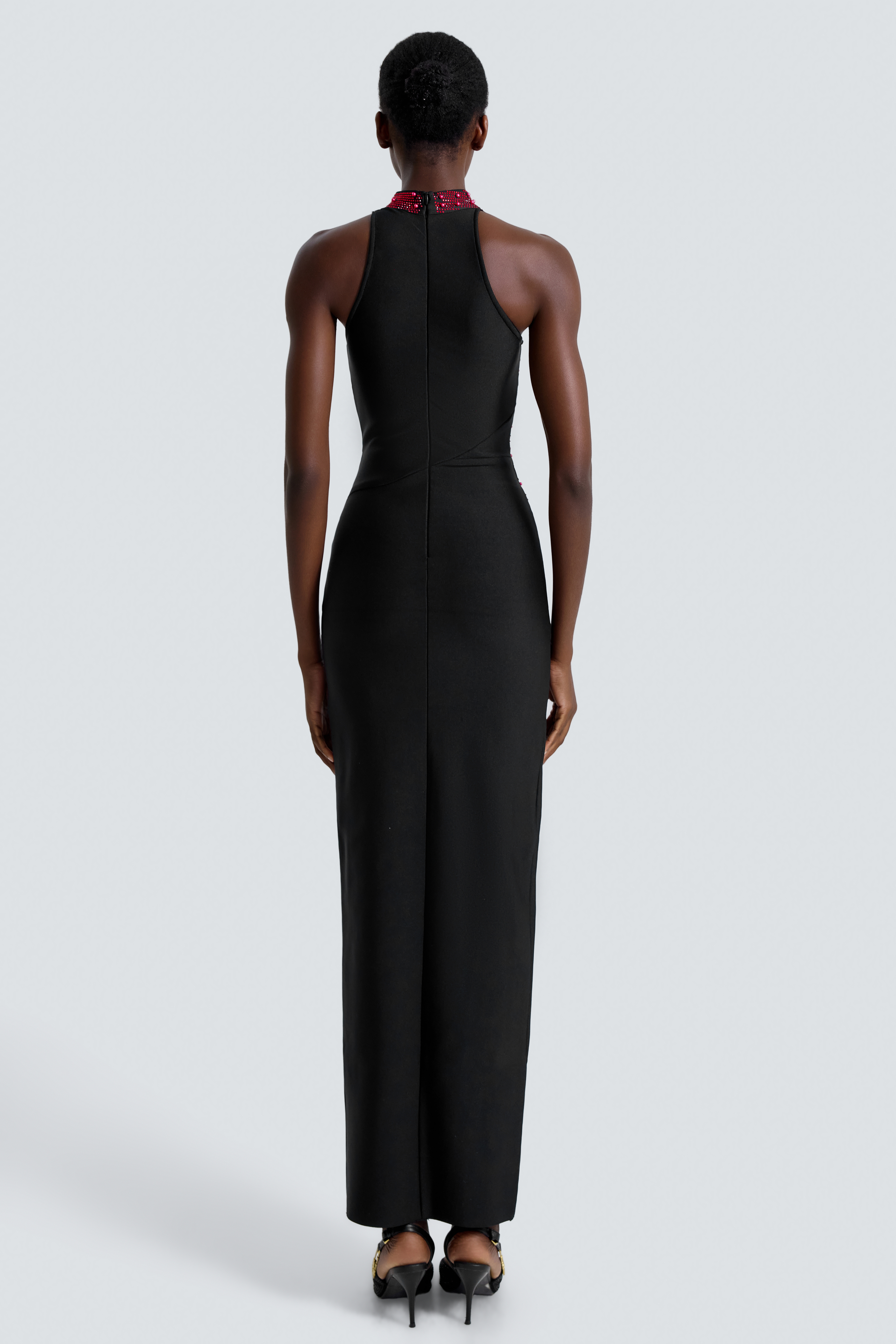 Bandage Halter Neck Rhinestone Slit Maxi Dress