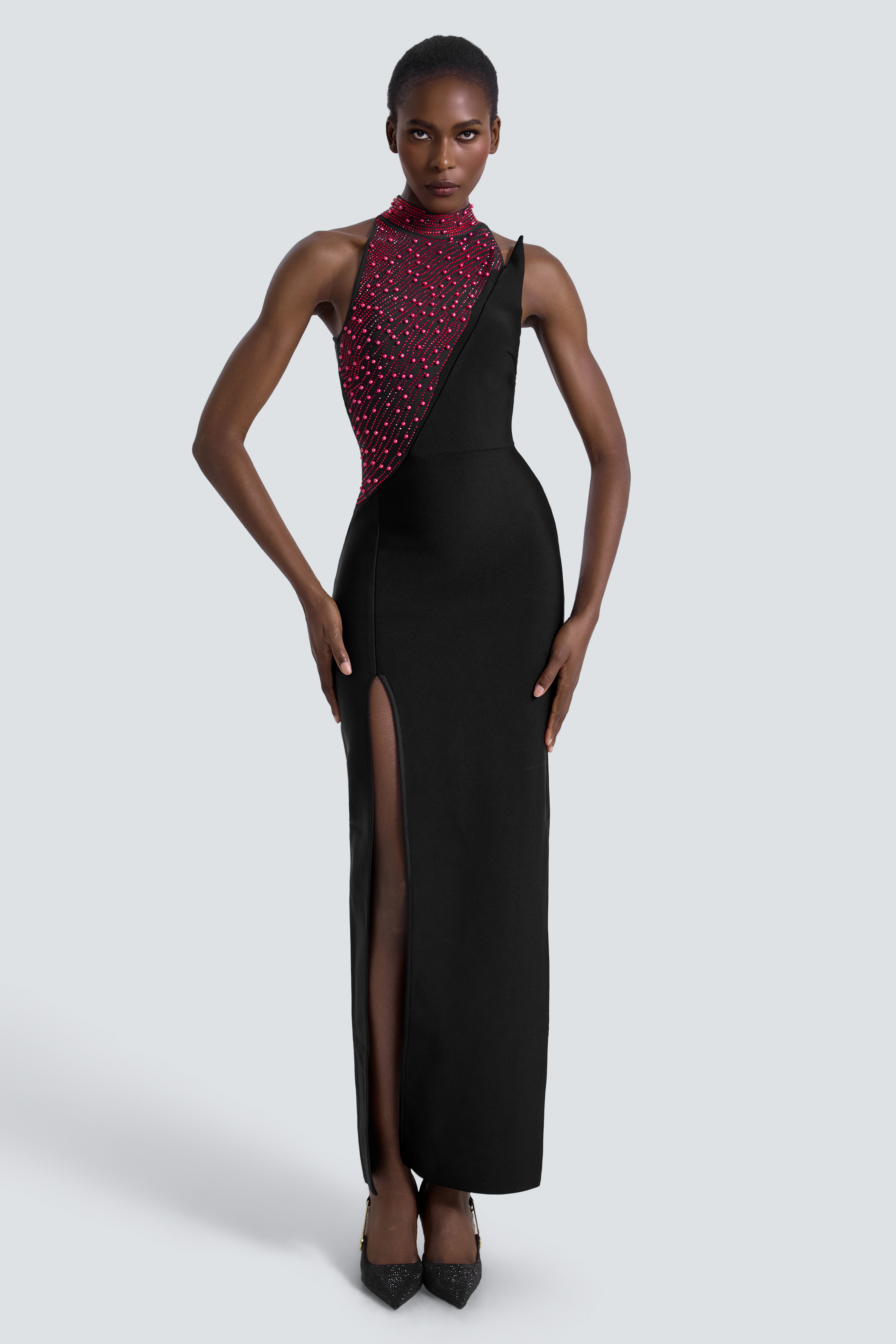 Bandage Halter Neck Rhinestone Slit Maxi Dress