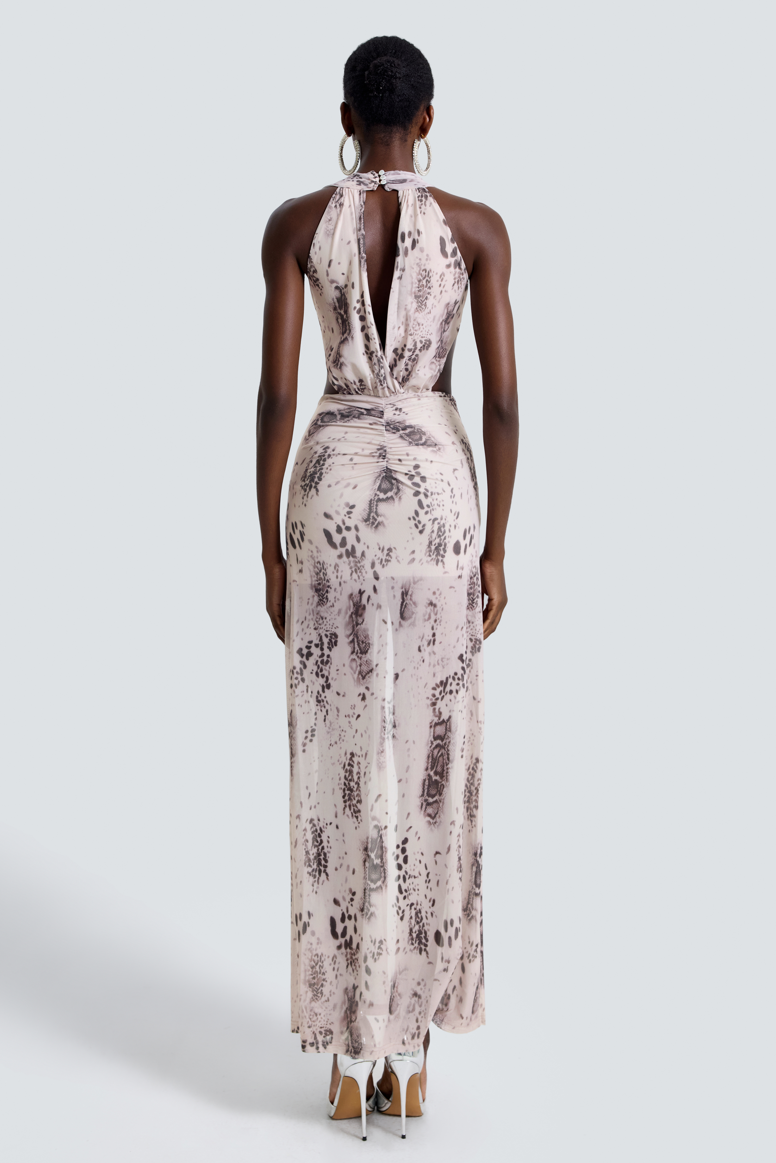 Mesh Animal Print V-Neck Slit Maxi Dress