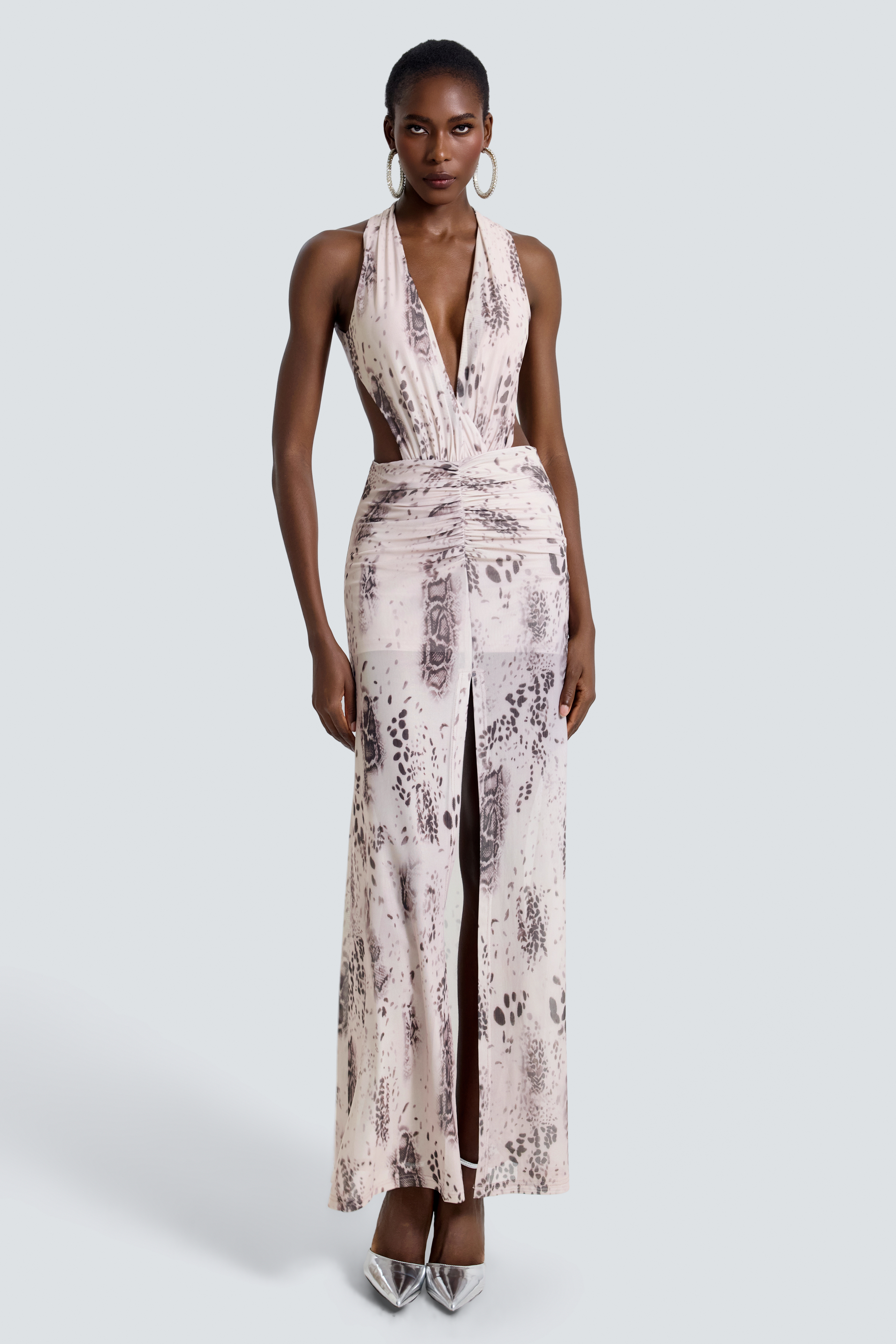 Mesh Animal Print V-Neck Slit Maxi Dress