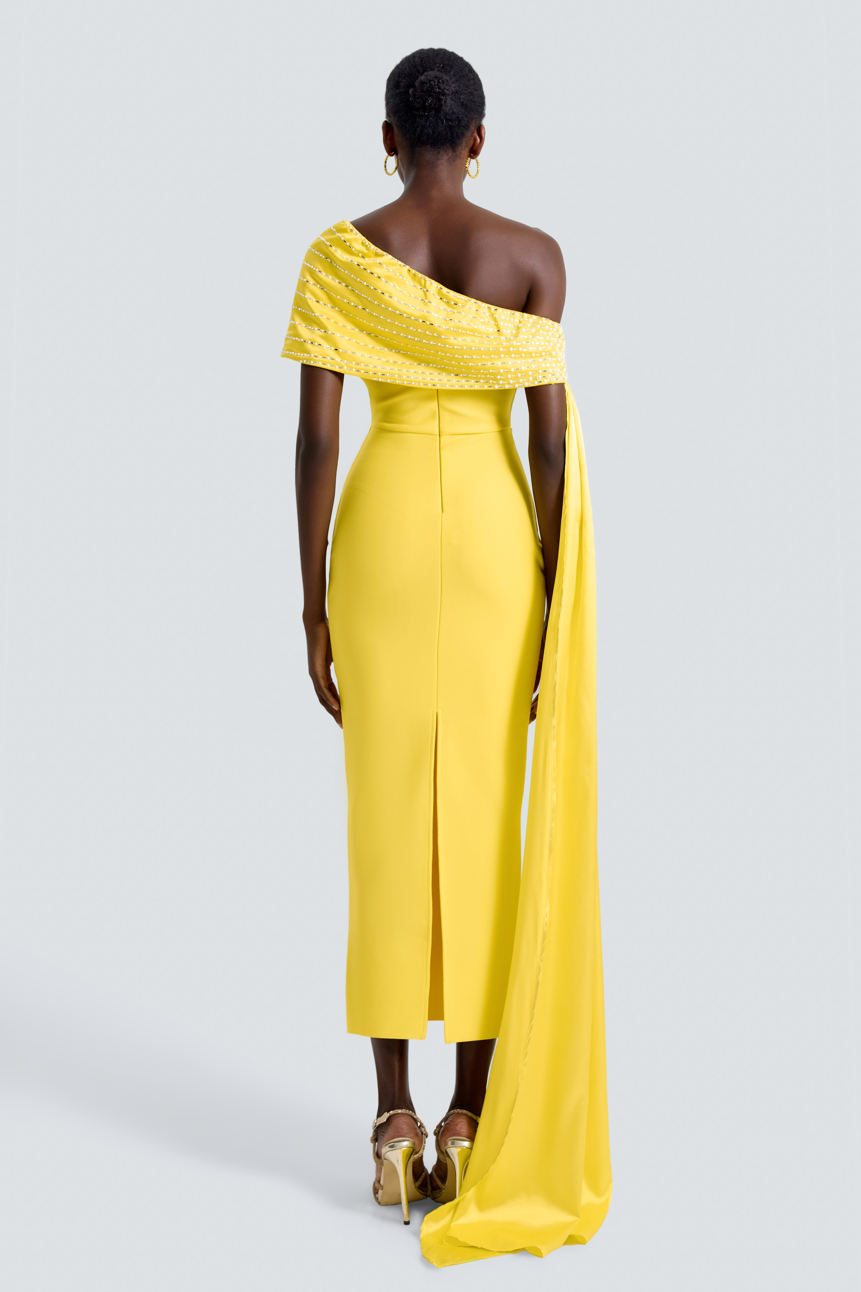 Bandage Off-Shoulder Midi Dress With Satin Rivet Cape