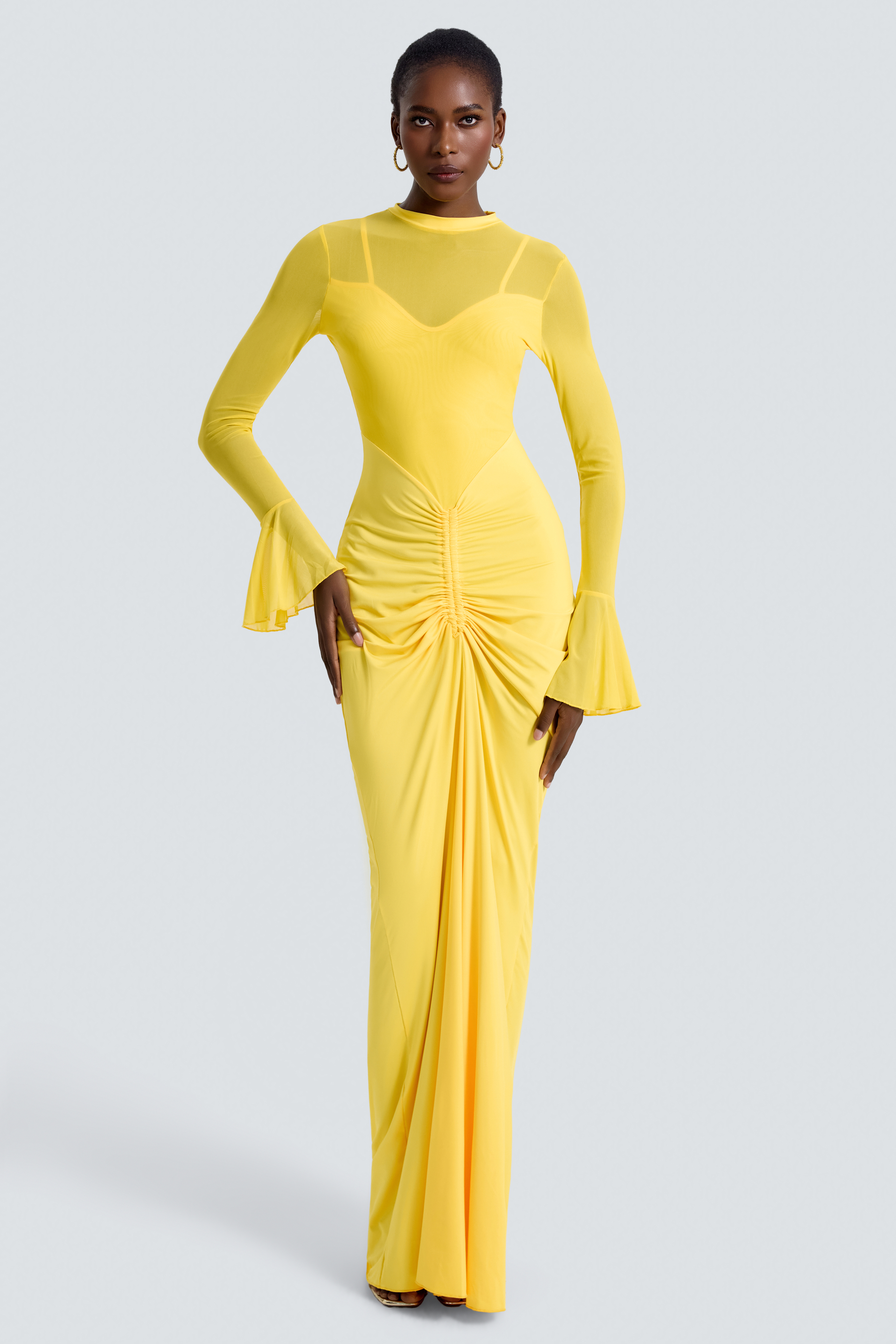 Mesh Splicing Jersey Ruffled See-Through Maxi Dress