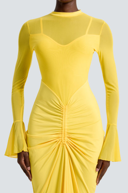 Mesh Splicing Jersey Ruffled See-Through Maxi Dress
