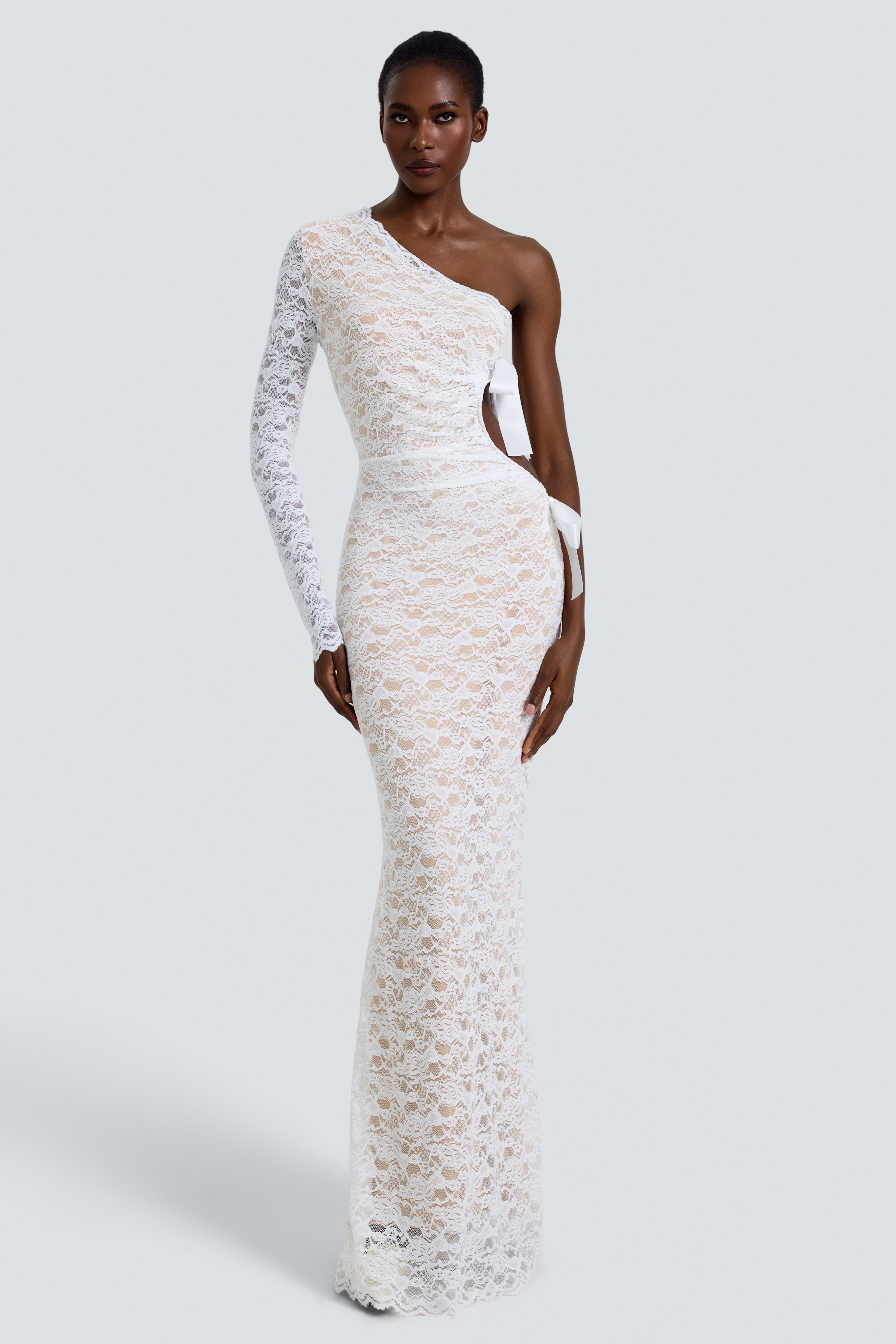 Lace One-Shoulder Bow Maxi Dress