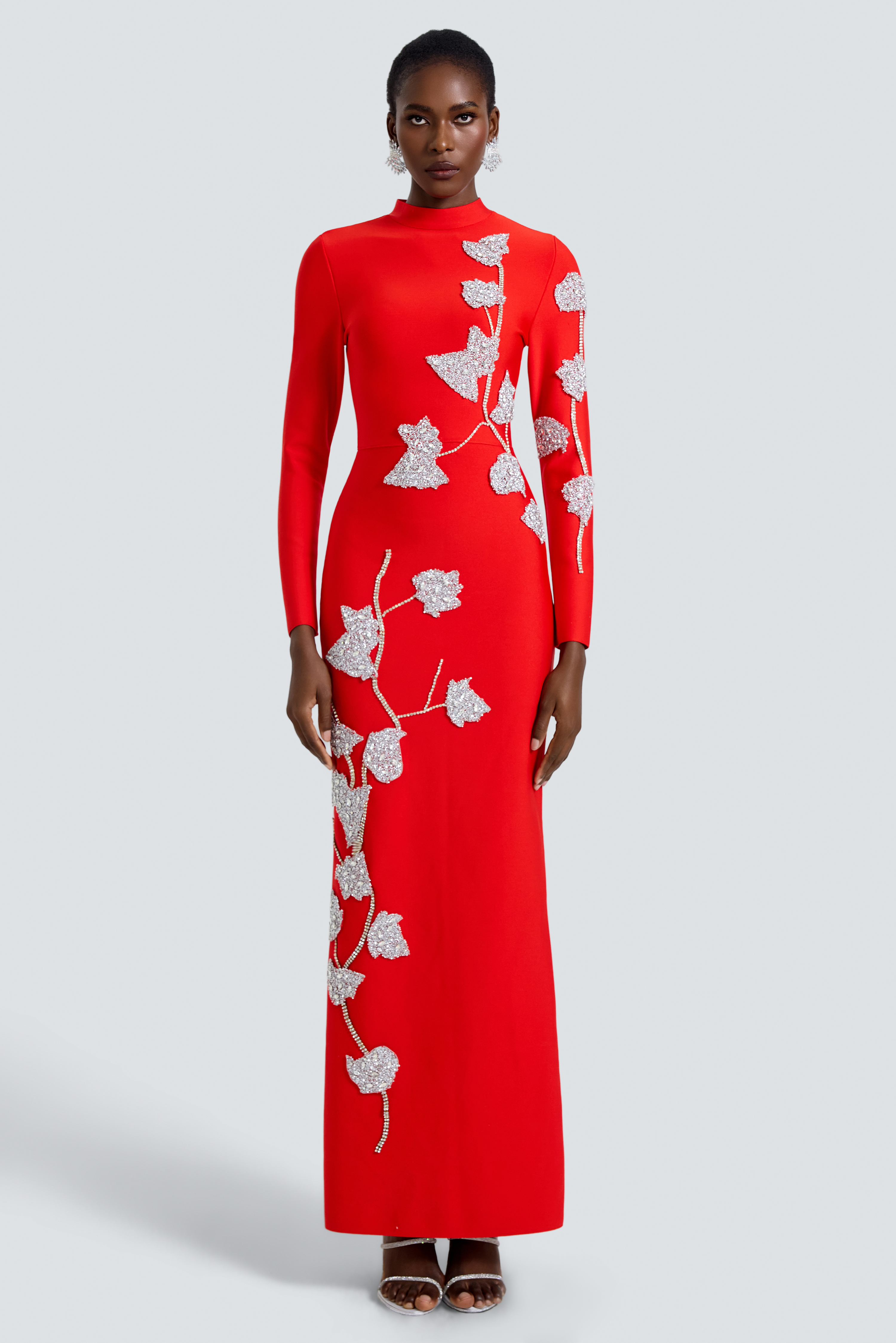 Bandage Rhinestone Long Sleeve Maxi Dress