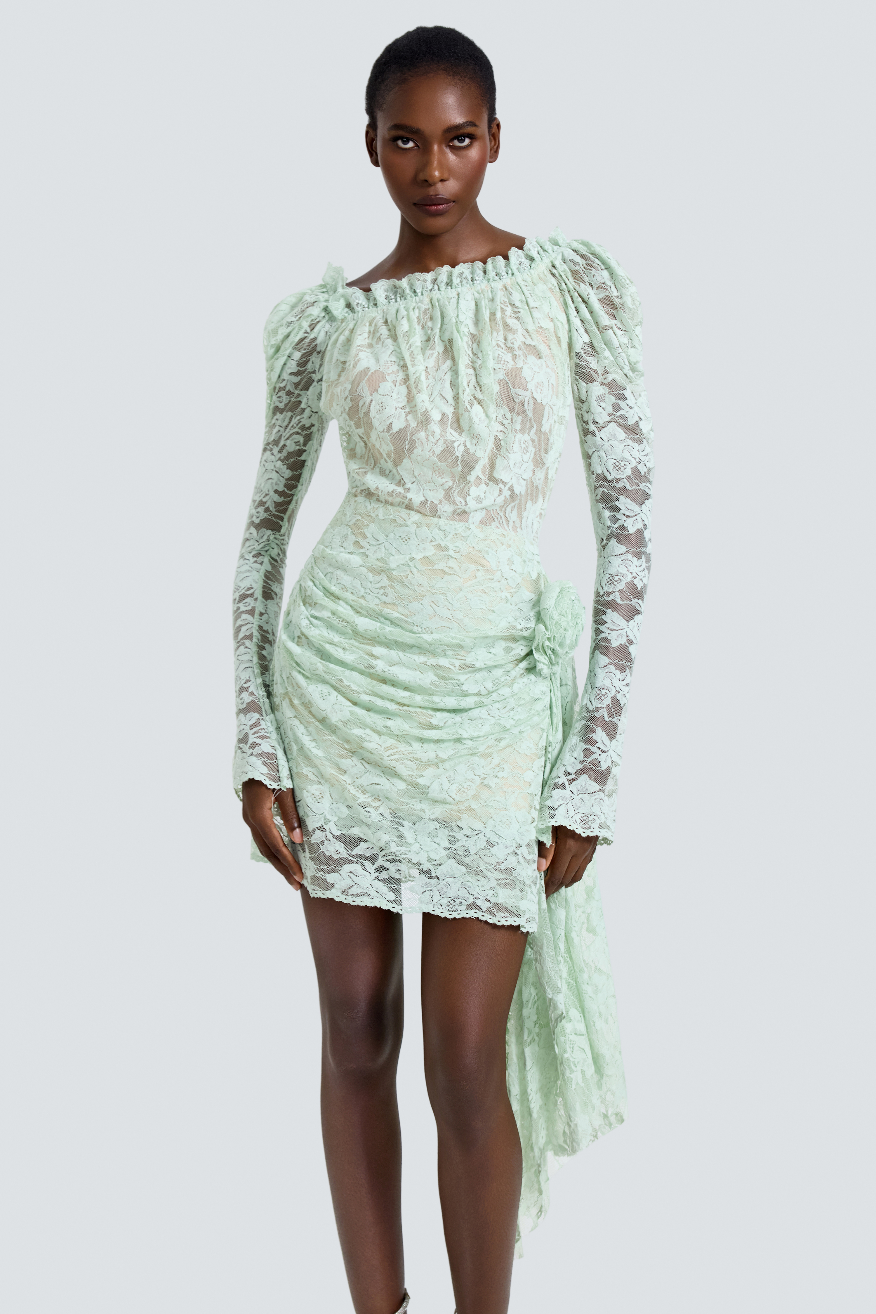 Lace 3D Flower Long Sleeve Mini Dress