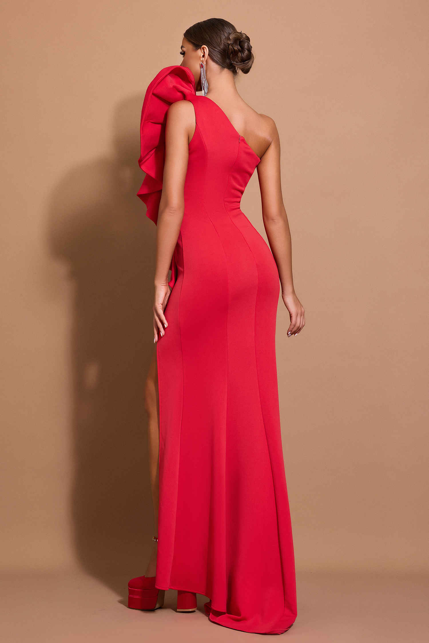 3D Flower Ruffle One-Shoulder Maxi Dress