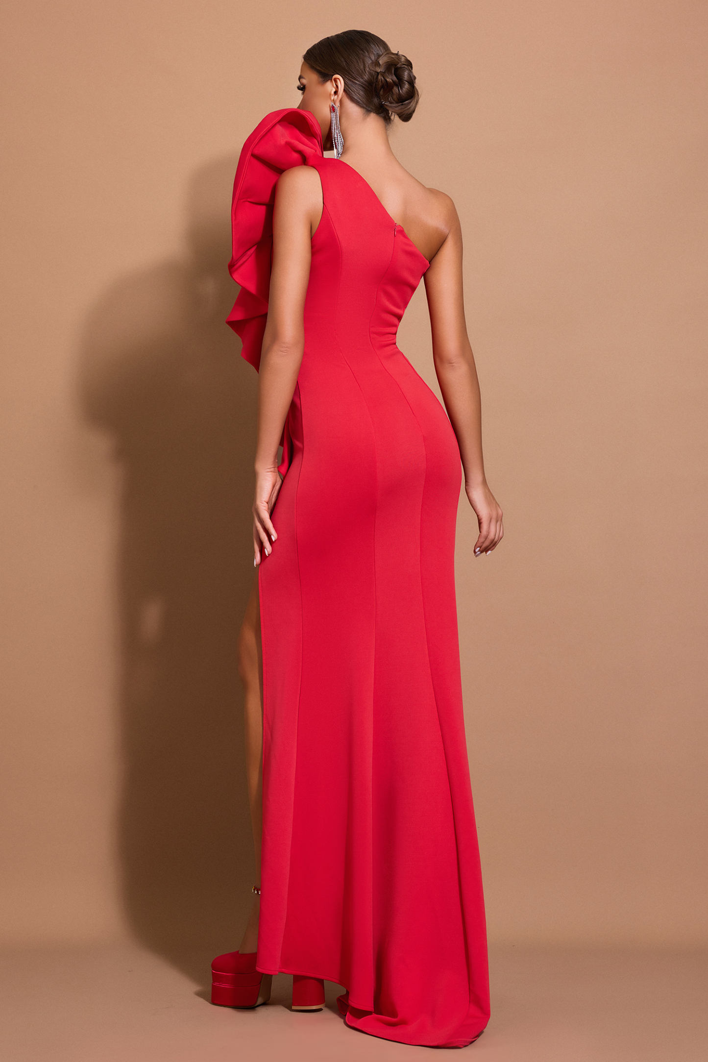 3D Flower Ruffle One-Shoulder Maxi Dress