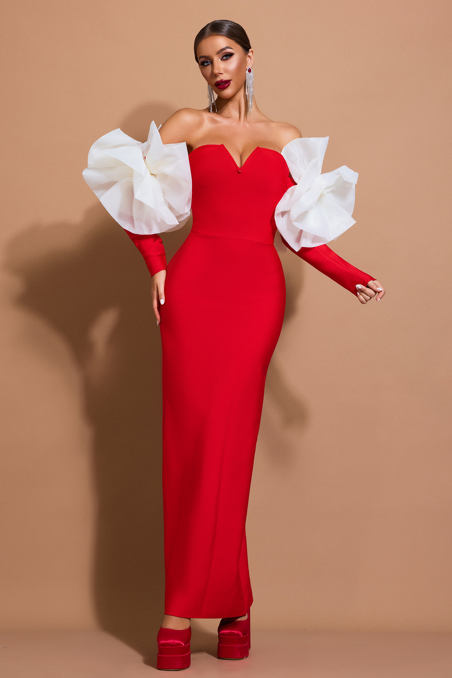 3D Flower Off-Shoulder Long Sleeve Maxi Dress