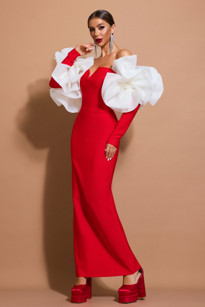 3D Flower Off-Shoulder Long Sleeve Maxi Dress