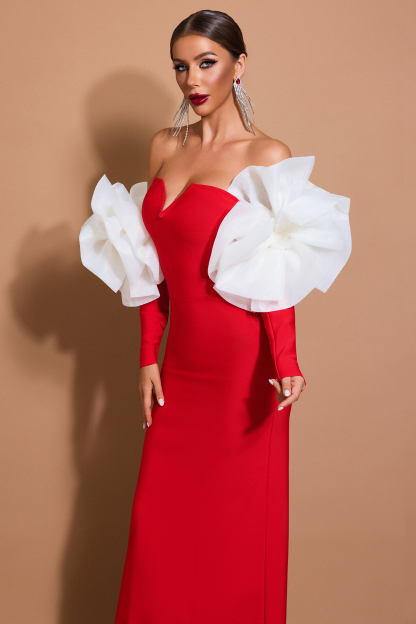 3D Flower Off-Shoulder Long Sleeve Maxi Dress