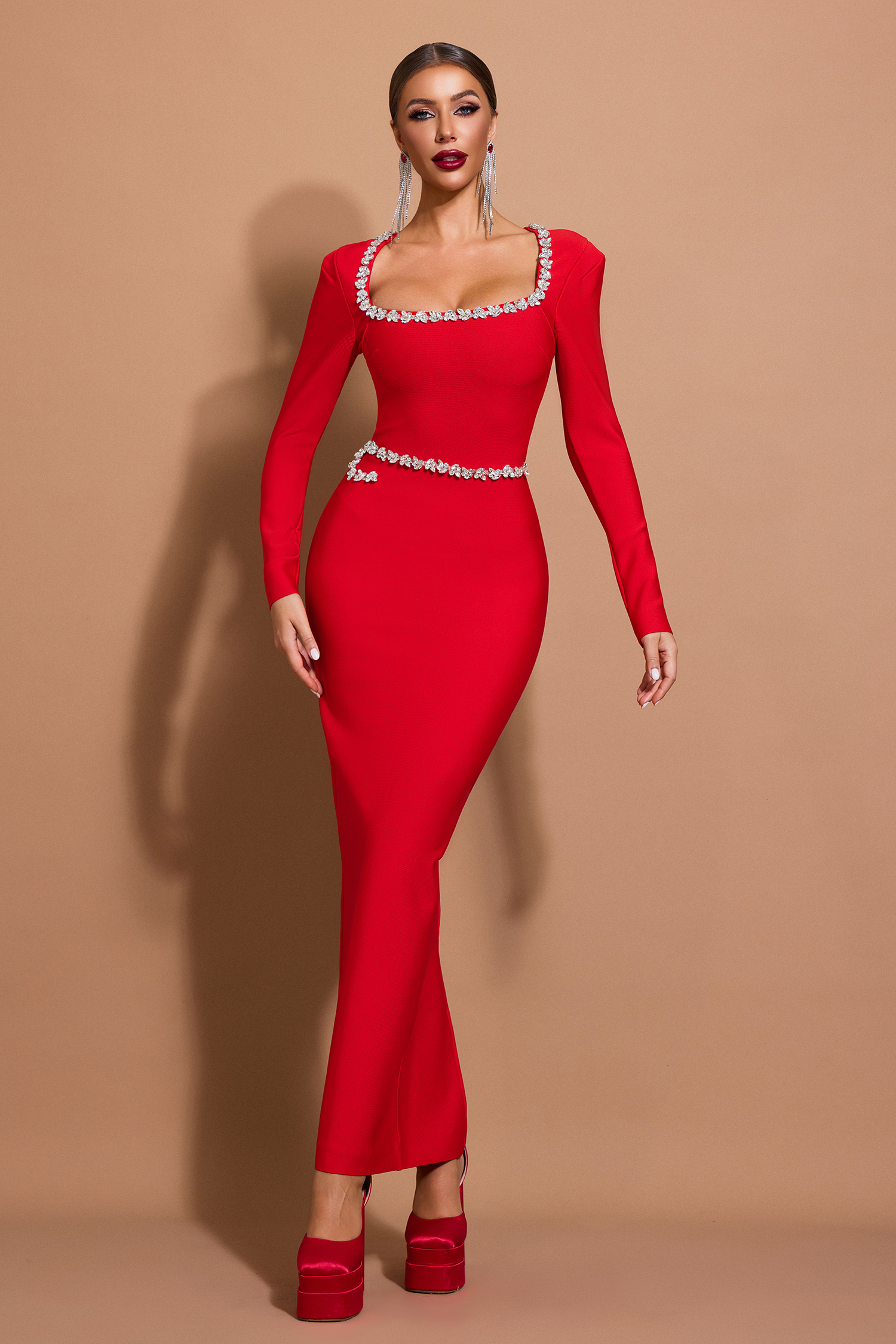 Bandage Rhinestone Square Collar Maxi Dress