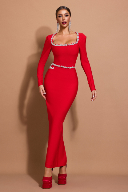 Bandage Rhinestone Square Collar Maxi Dress