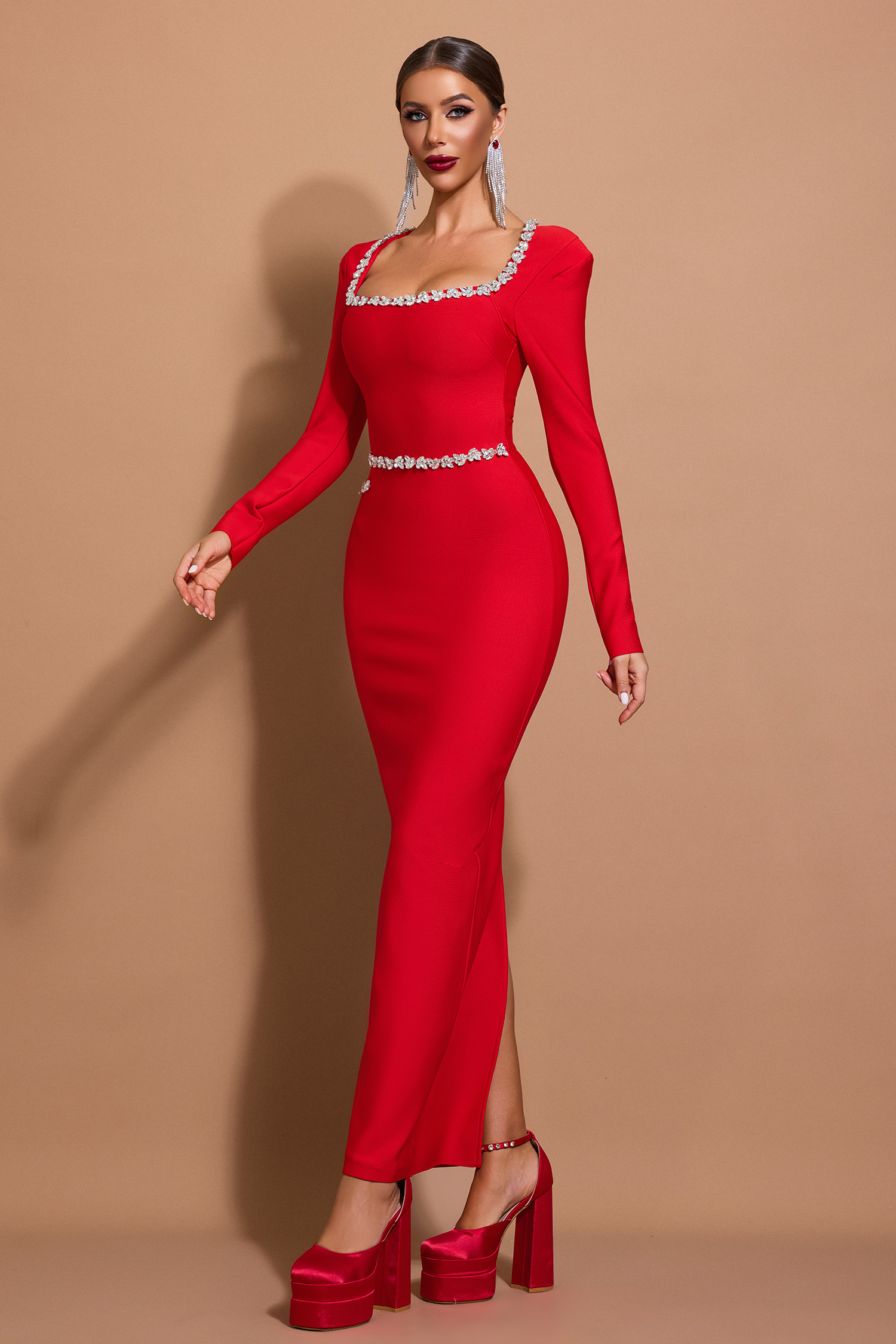 Bandage Rhinestone Square Collar Maxi Dress