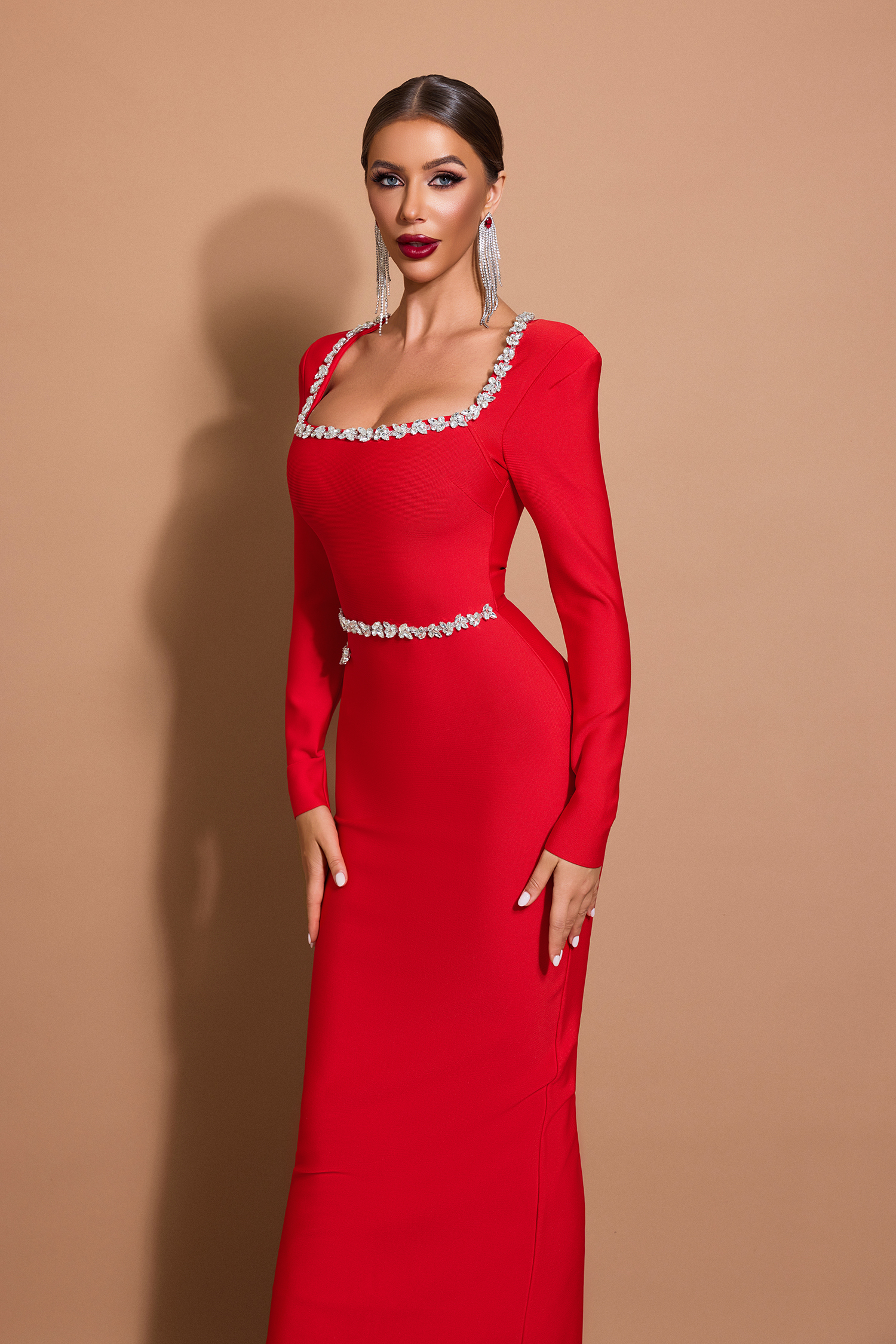 Bandage Rhinestone Square Collar Maxi Dress