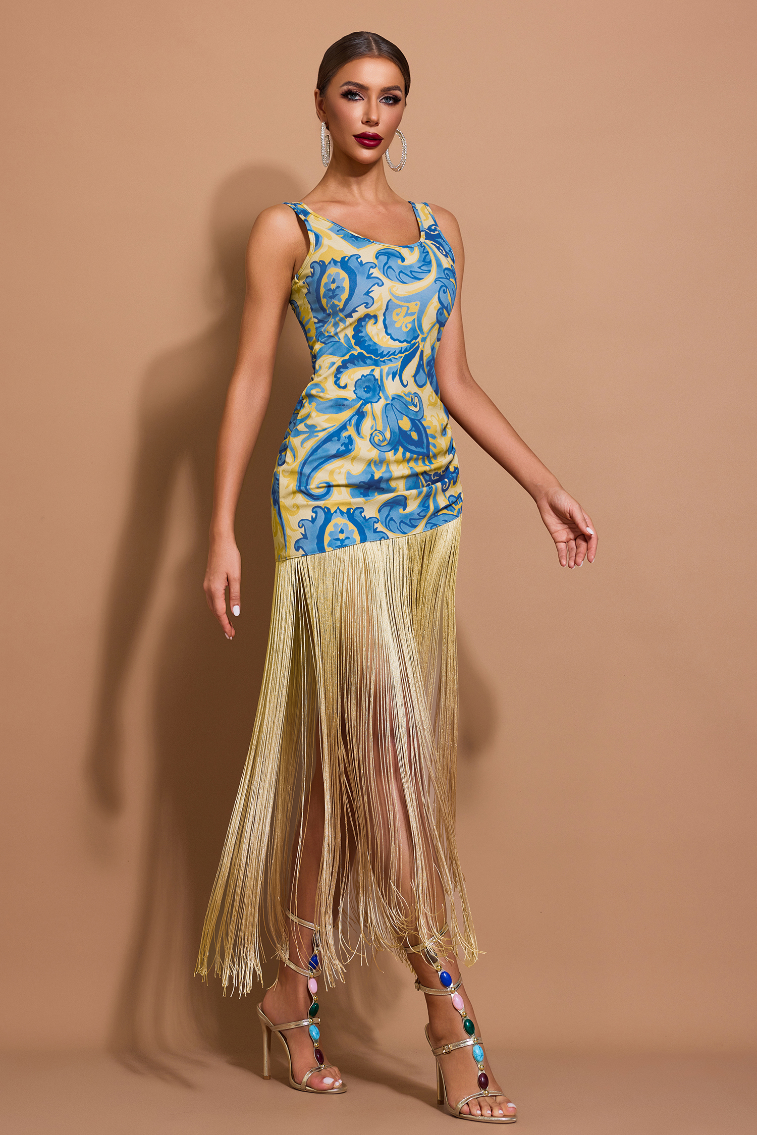 Paisley Print Splicing Tassel Midi Dress