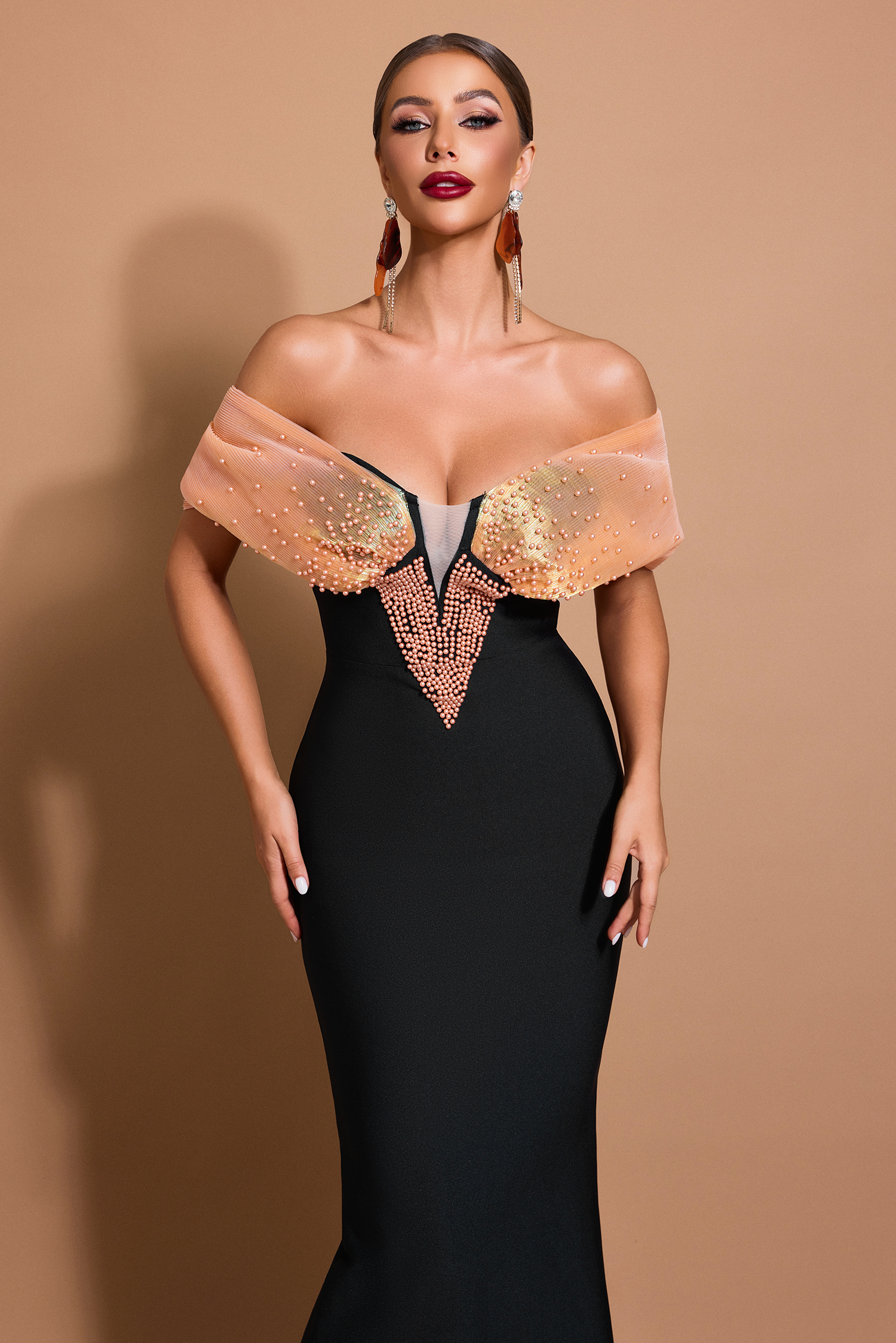 Bandage Off-Shoulder Faux Pearl Maxi Dress