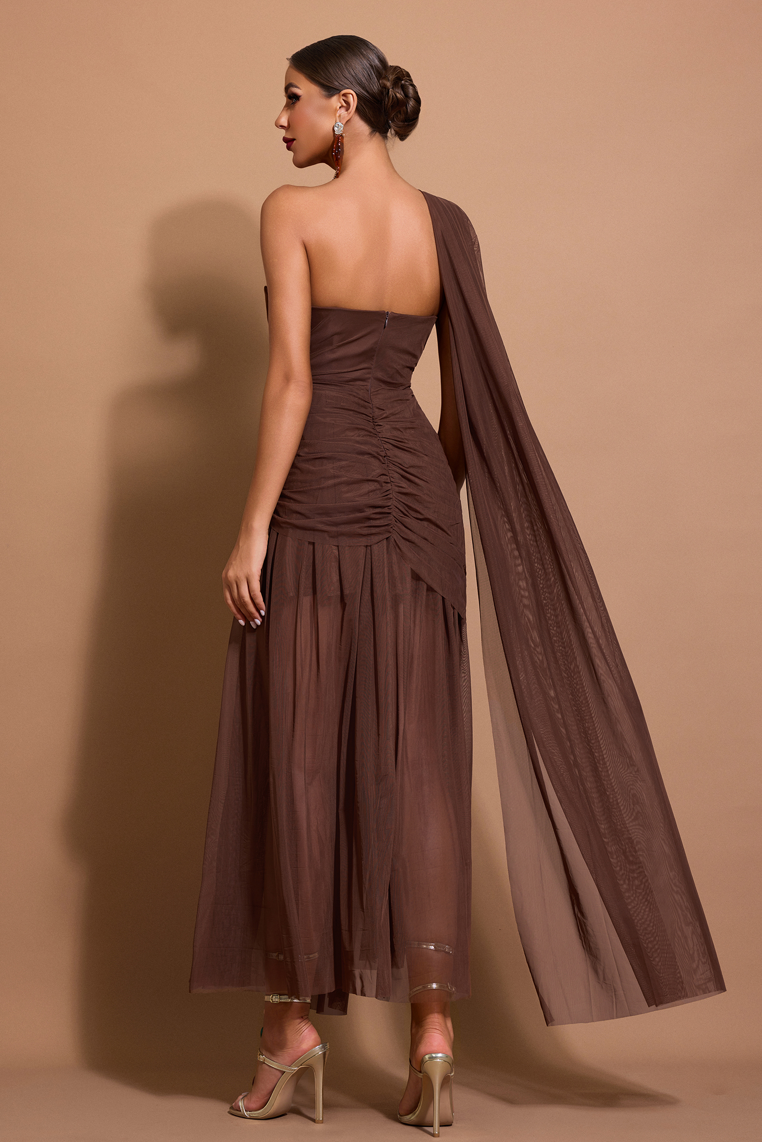 Mesh One-Shoulder Gathering Midi Dress