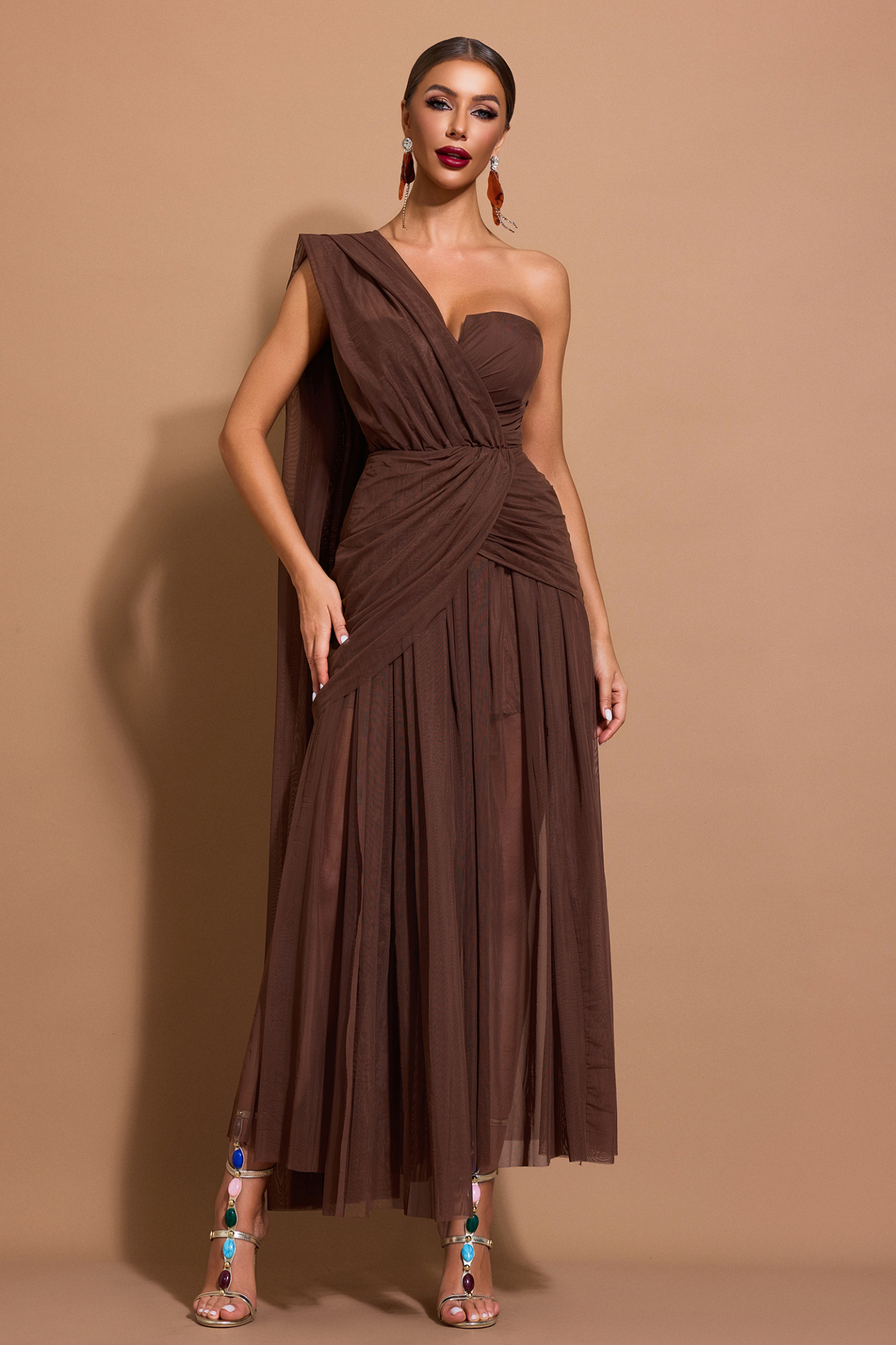 Mesh One-Shoulder Gathering Midi Dress