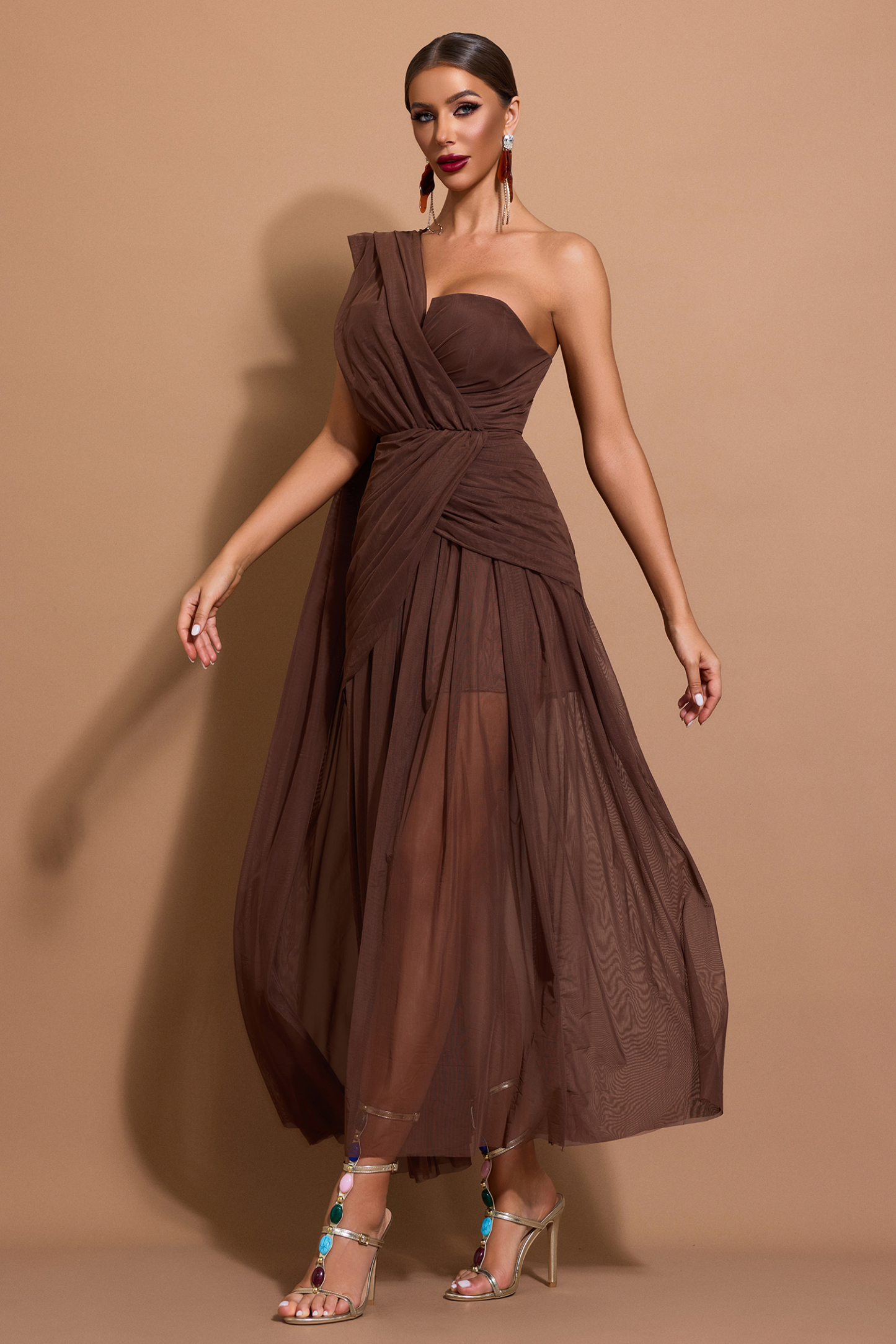 Mesh One-Shoulder Gathering Midi Dress