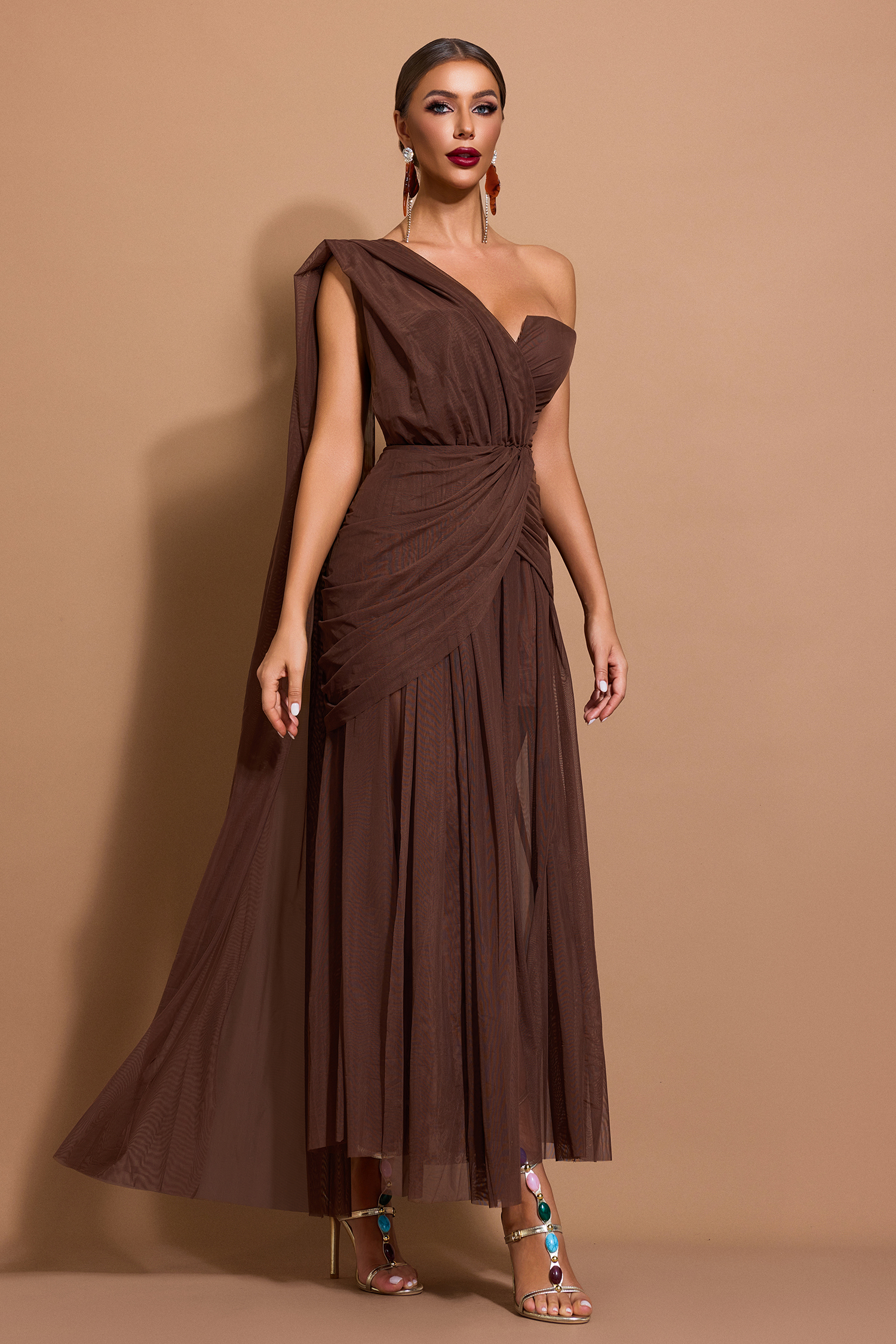 Mesh One-Shoulder Gathering Midi Dress