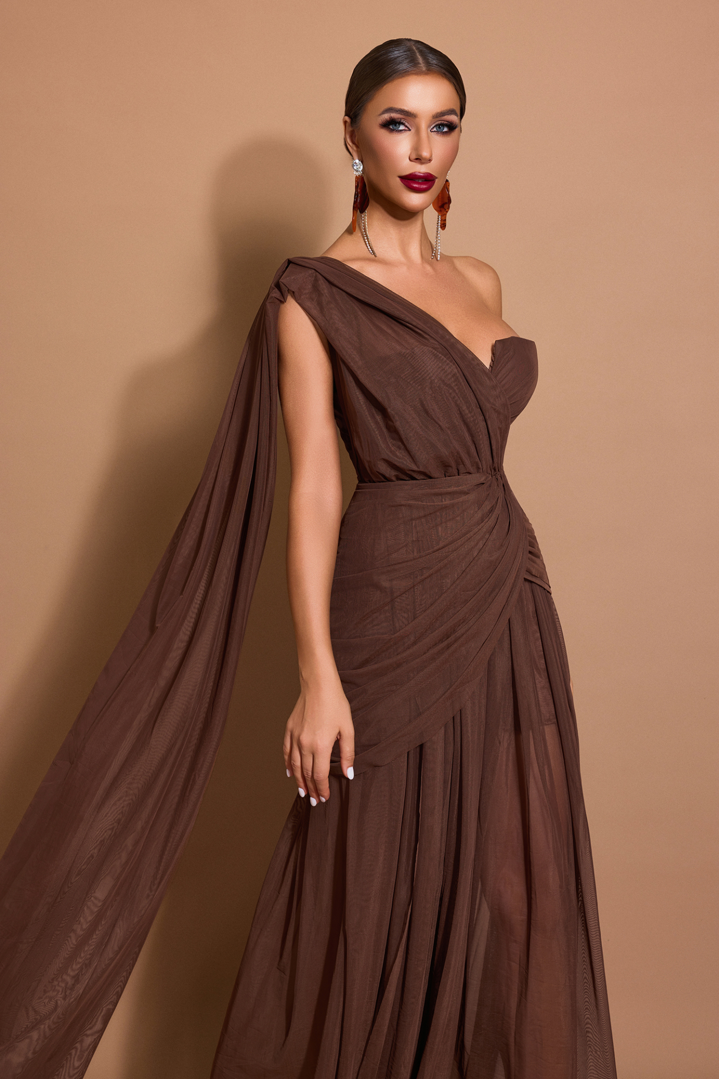 Mesh One-Shoulder Gathering Midi Dress