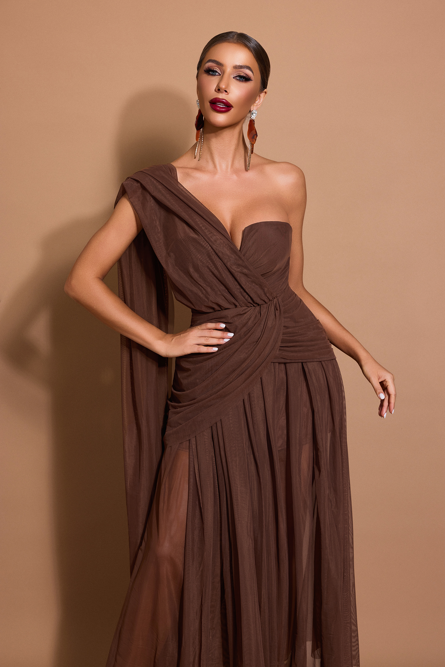 Mesh One-Shoulder Gathering Midi Dress
