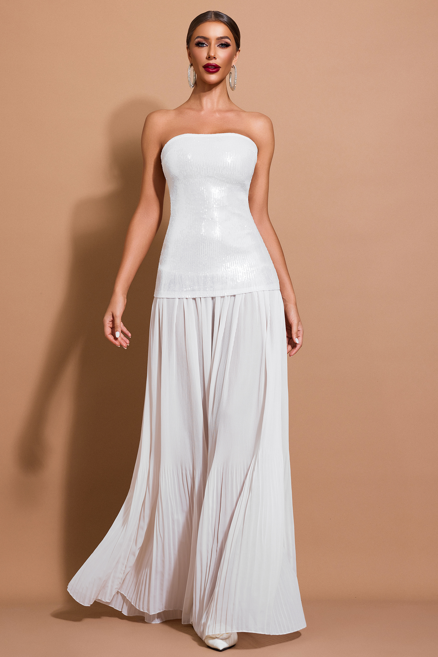 Sequin Splicing Pleated Off-Shoulder Maxi Dress