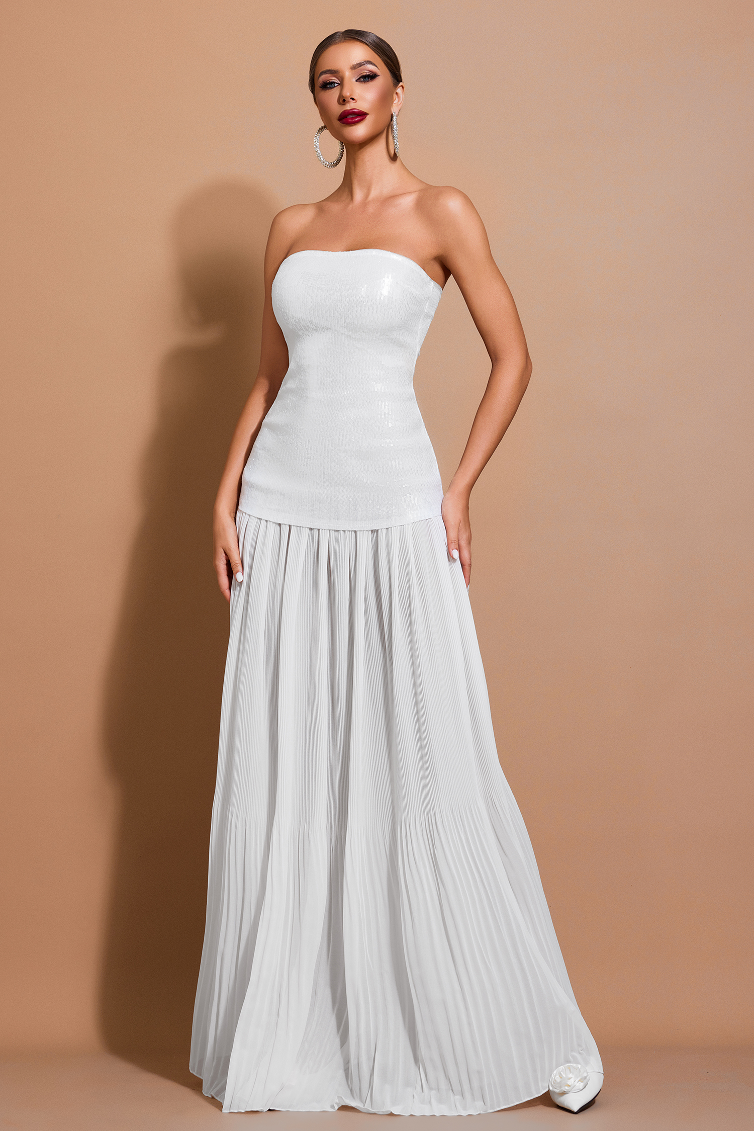 Sequin Splicing Pleated Off-Shoulder Maxi Dress