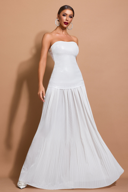 Sequin Splicing Pleated Off-Shoulder Maxi Dress