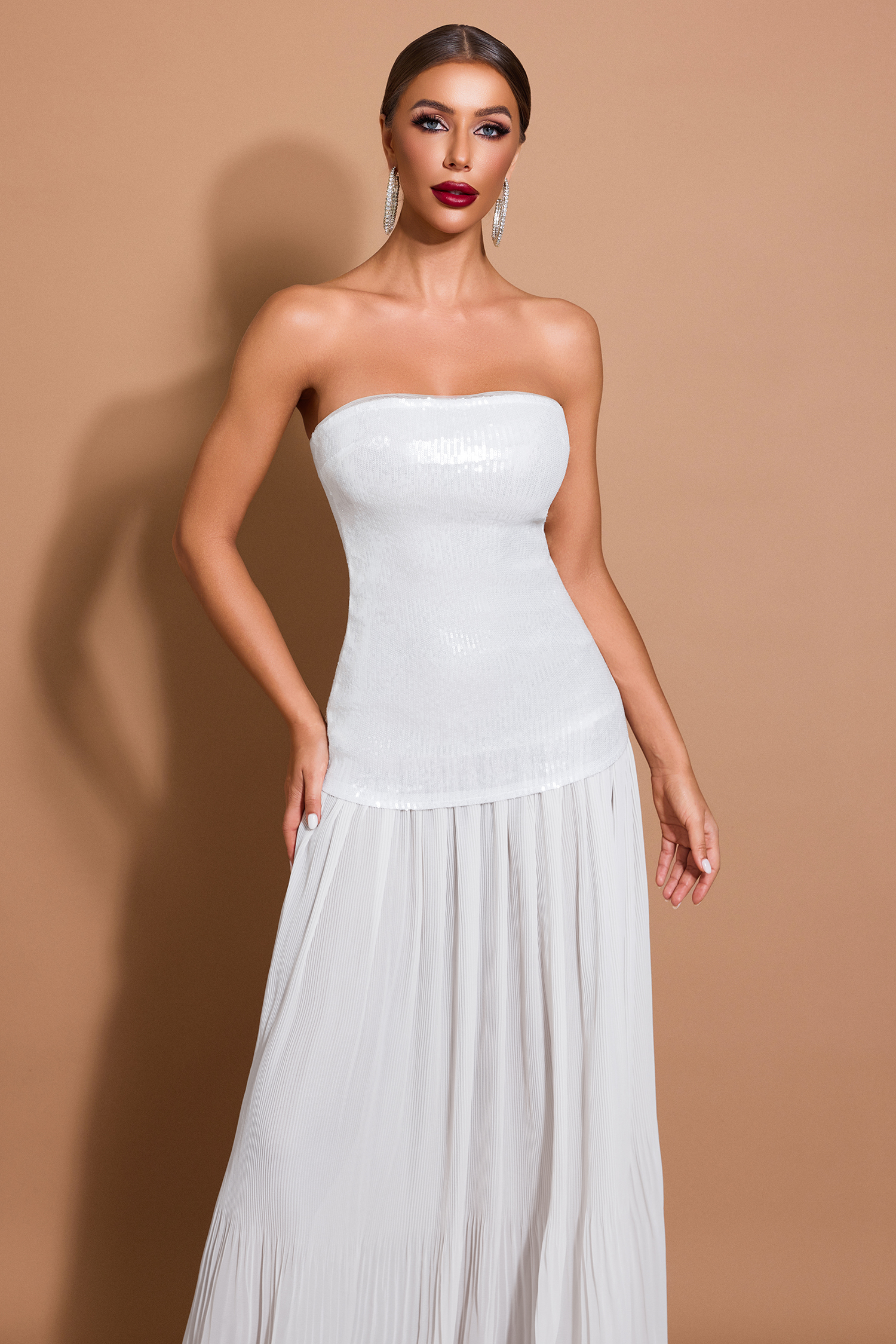 Sequin Splicing Pleated Off-Shoulder Maxi Dress