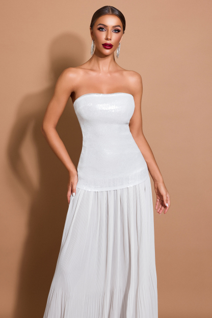 Sequin Splicing Pleated Off-Shoulder Maxi Dress