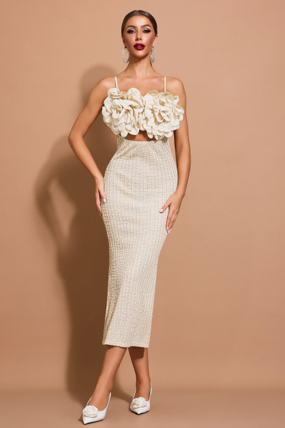 3D Flower Pleated Backless Midi Dress