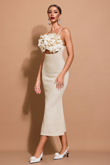 3D Flower Pleated Backless Midi Dress