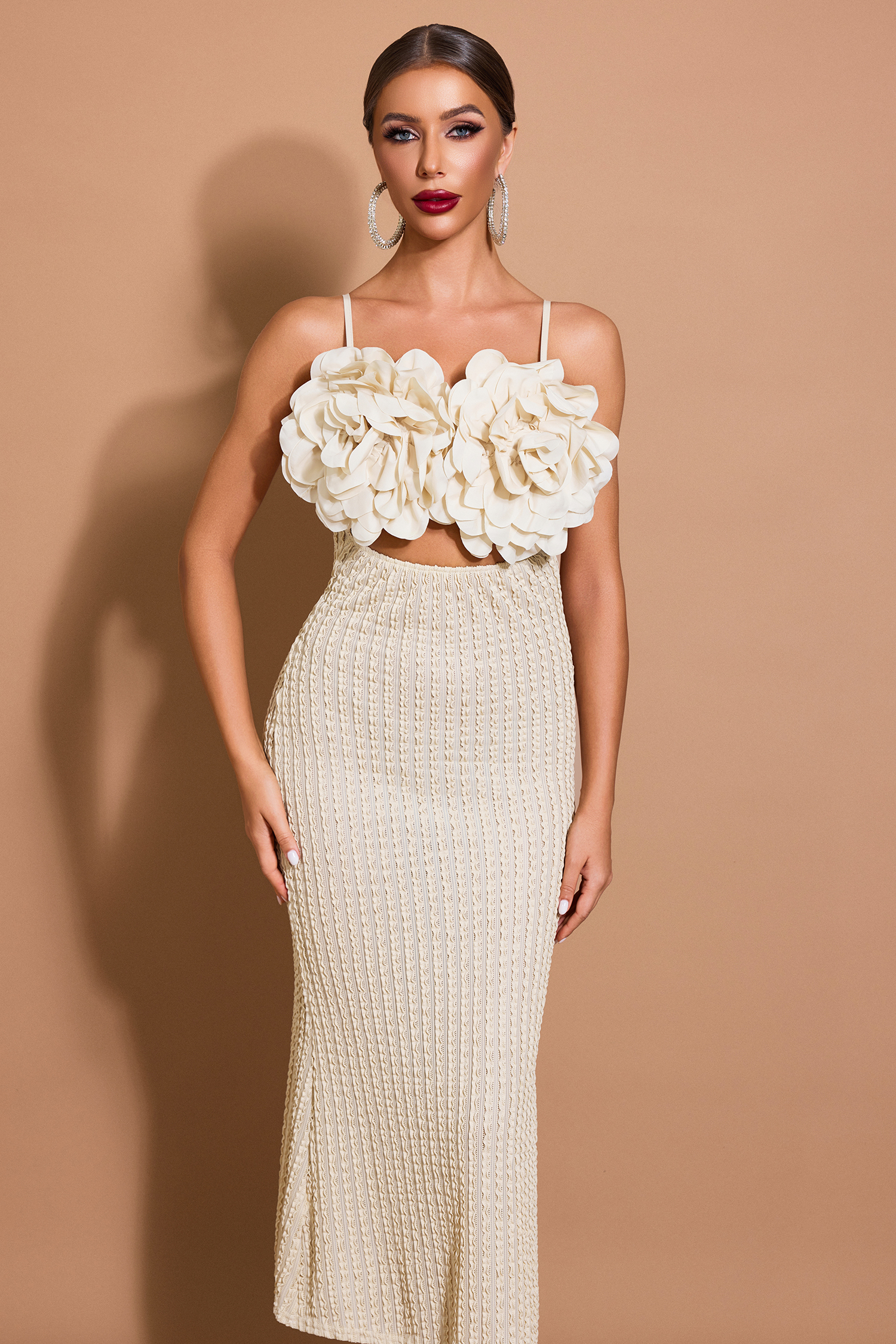 3D Flower Pleated Backless Midi Dress