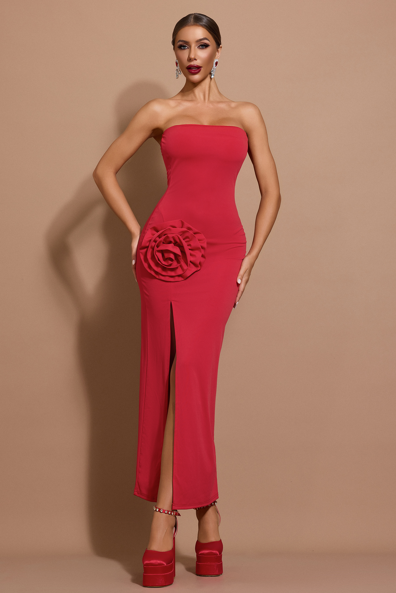 Solid 3D Flower Off-Shoulder Midi Dress