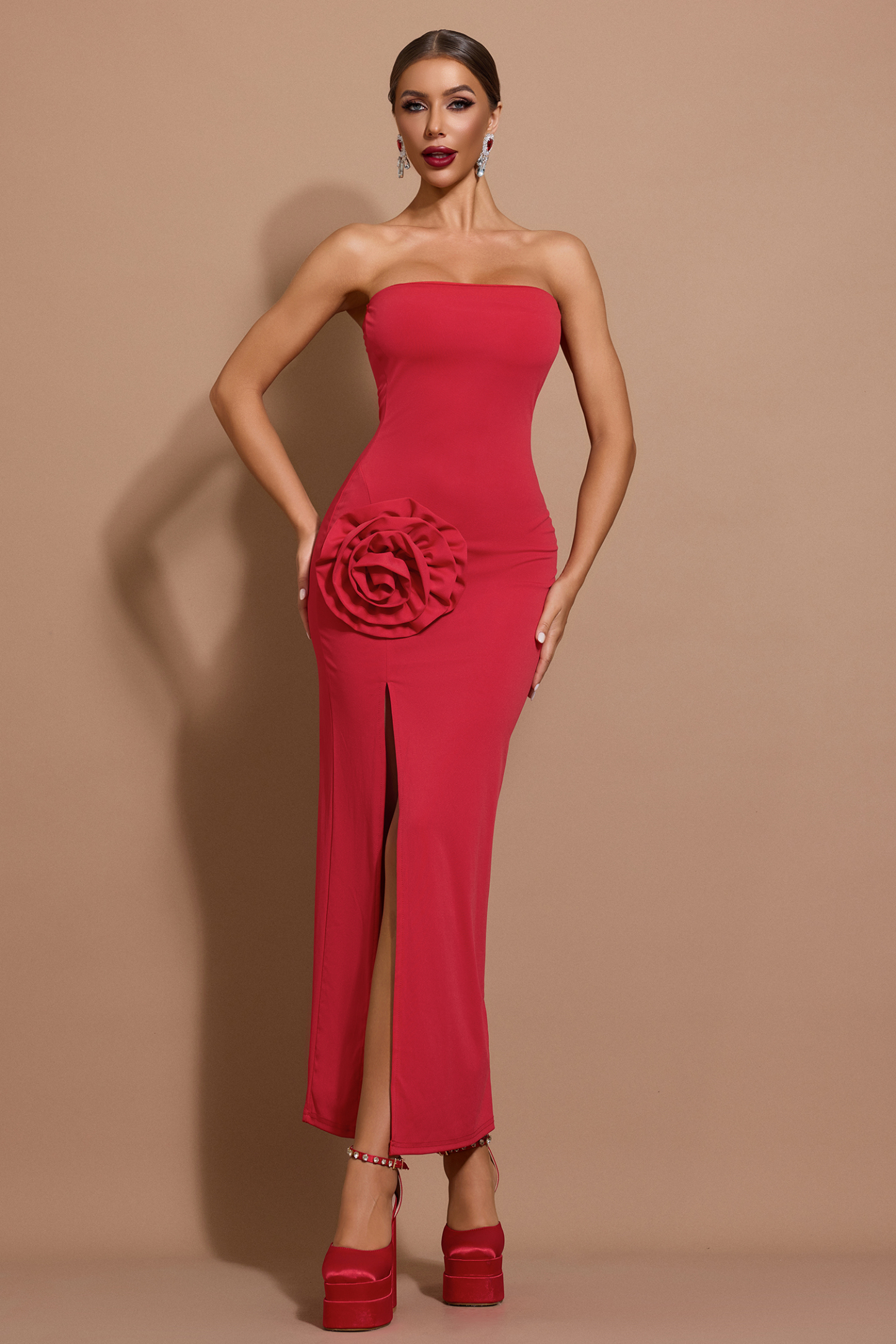 Solid 3D Flower Off-Shoulder Midi Dress