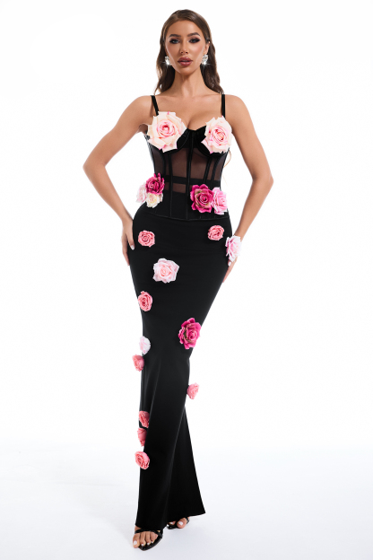 Mesh 3D Flower Off-Shoulder Top & High Waist Maxi Skirt