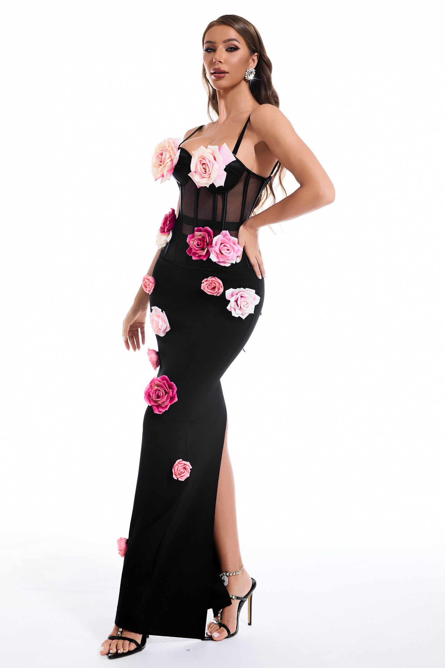 Mesh 3D Flower Off-Shoulder Top & High Waist Maxi Skirt