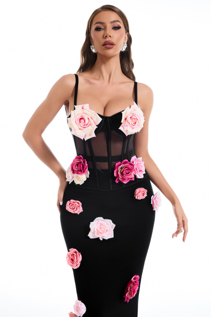 Mesh 3D Flower Off-Shoulder Top & High Waist Maxi Skirt