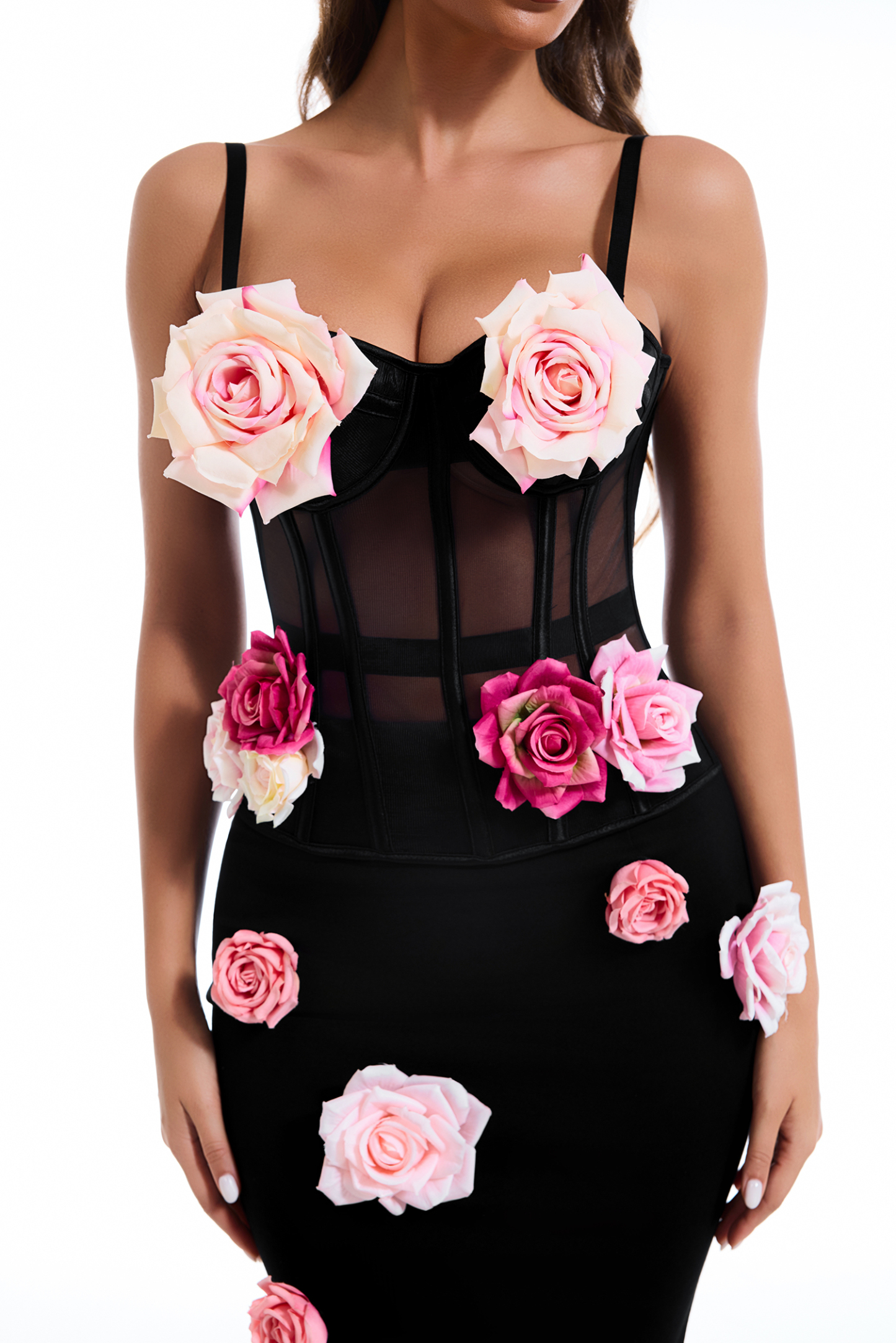 Mesh 3D Flower Off-Shoulder Top & High Waist Maxi Skirt