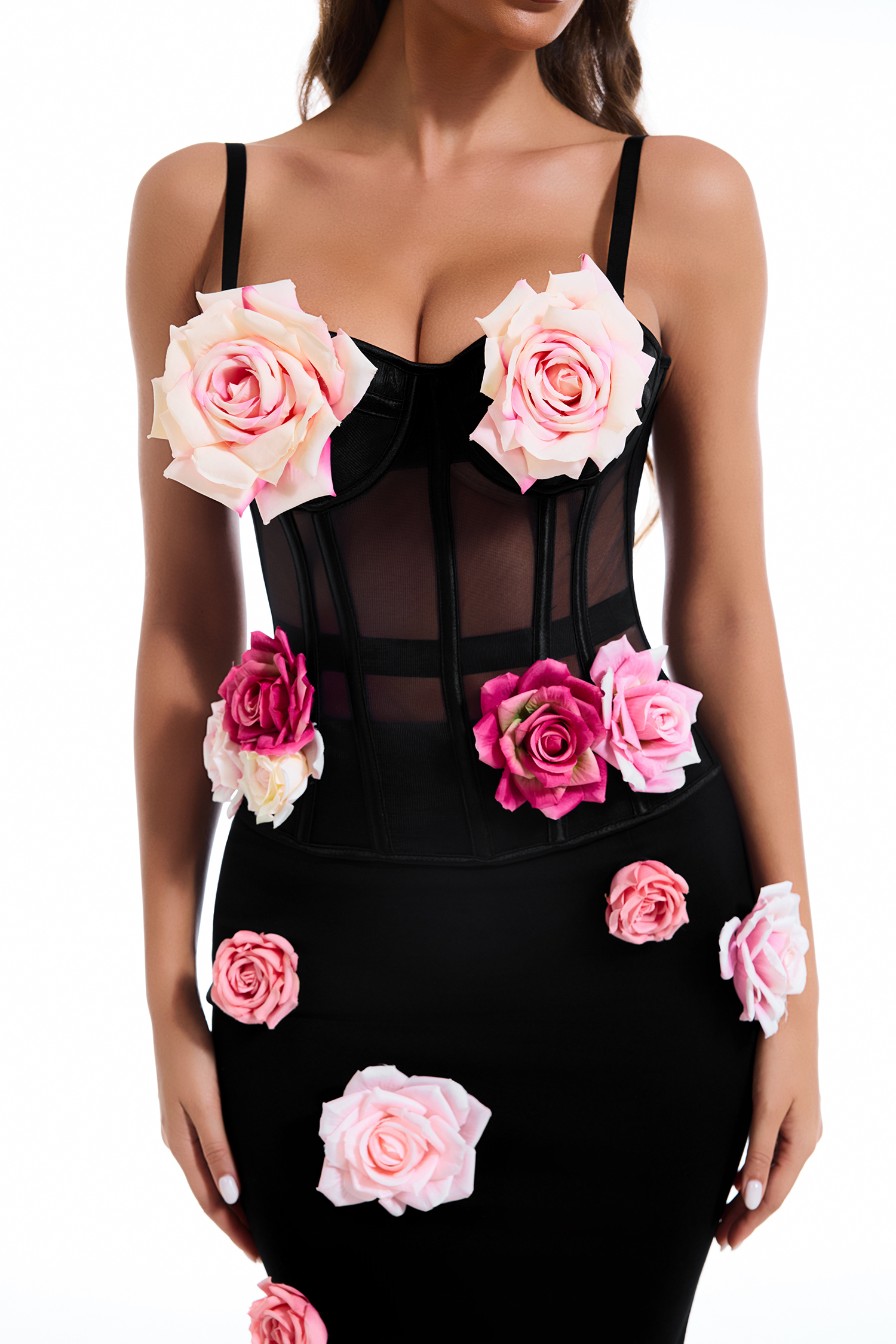 Mesh 3D Flower Off-Shoulder Top & High Waist Maxi Skirt
